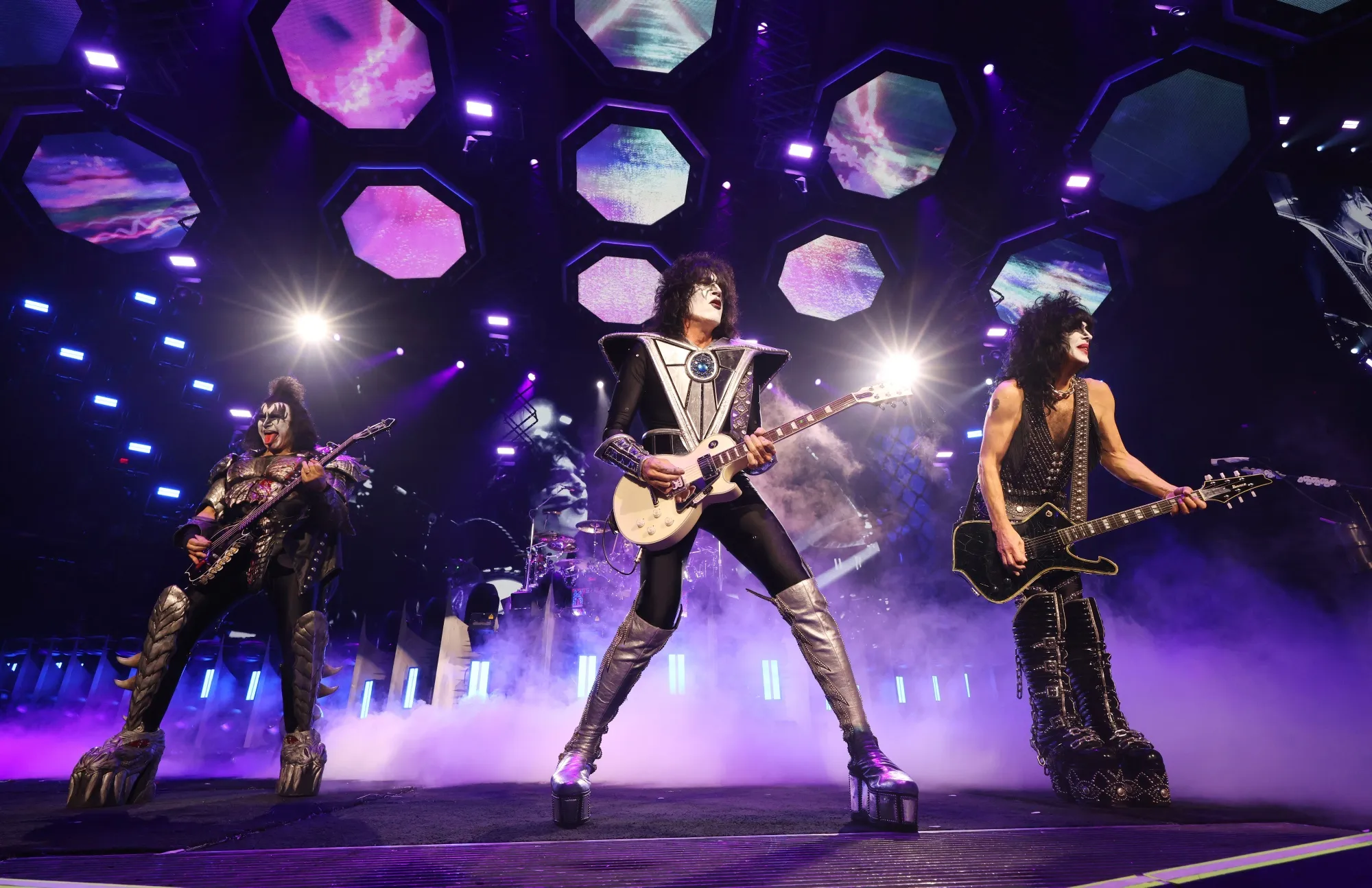 Gene Simmons, Tommy Thayer and Paul Stanley of KISS perform during the final show of KISS