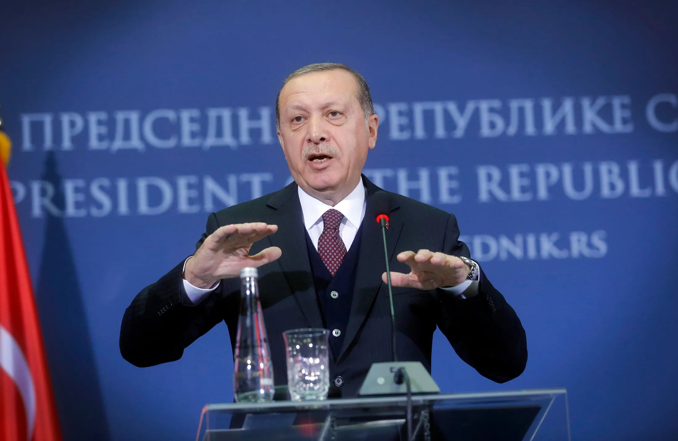 Tayyip Erdogan, Turkey's president, gestures as he speaks during a news conference in Belgrade, Serbia on Tuesday, Oct. 10, 2017.
