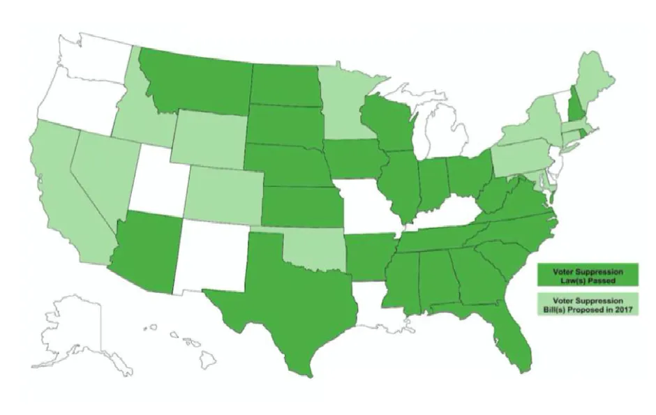 The Poor People's Campaign has created a series of maps to show that the states with laws that make voting difficult are closely aligned to the states with the highest percentages of poor people.