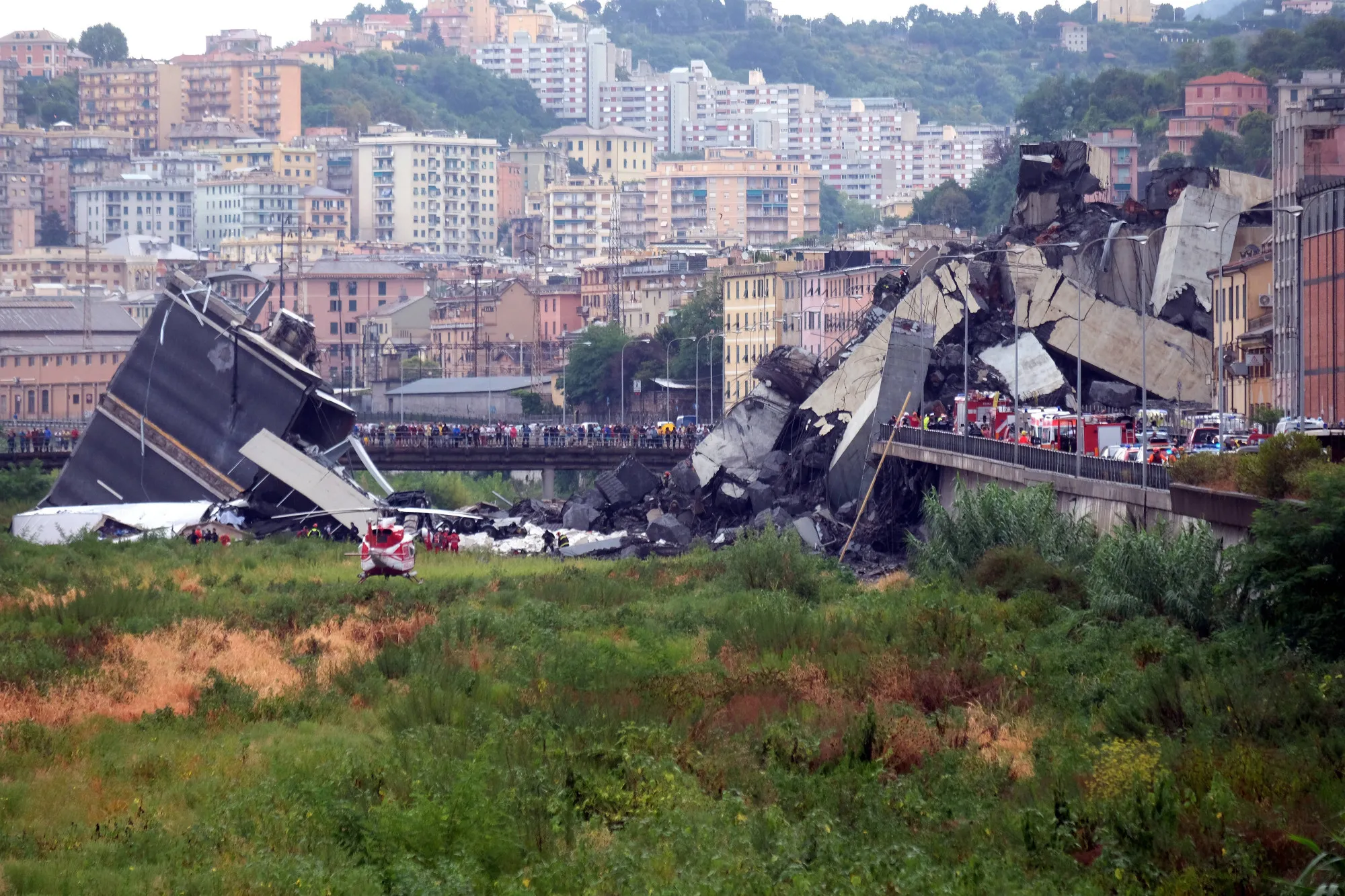 The collapsed bridge in Genoa on Aug. 14