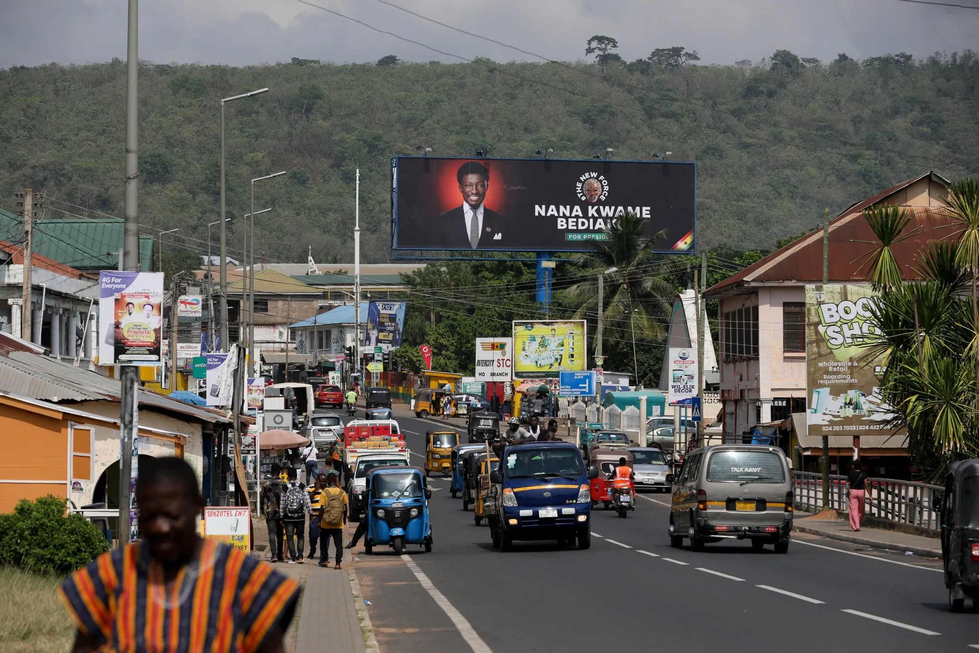 A view of a sign in Ghana depicting Nana Kwame Bediako, unveiled as the masked presidential candidate seen on billboards.