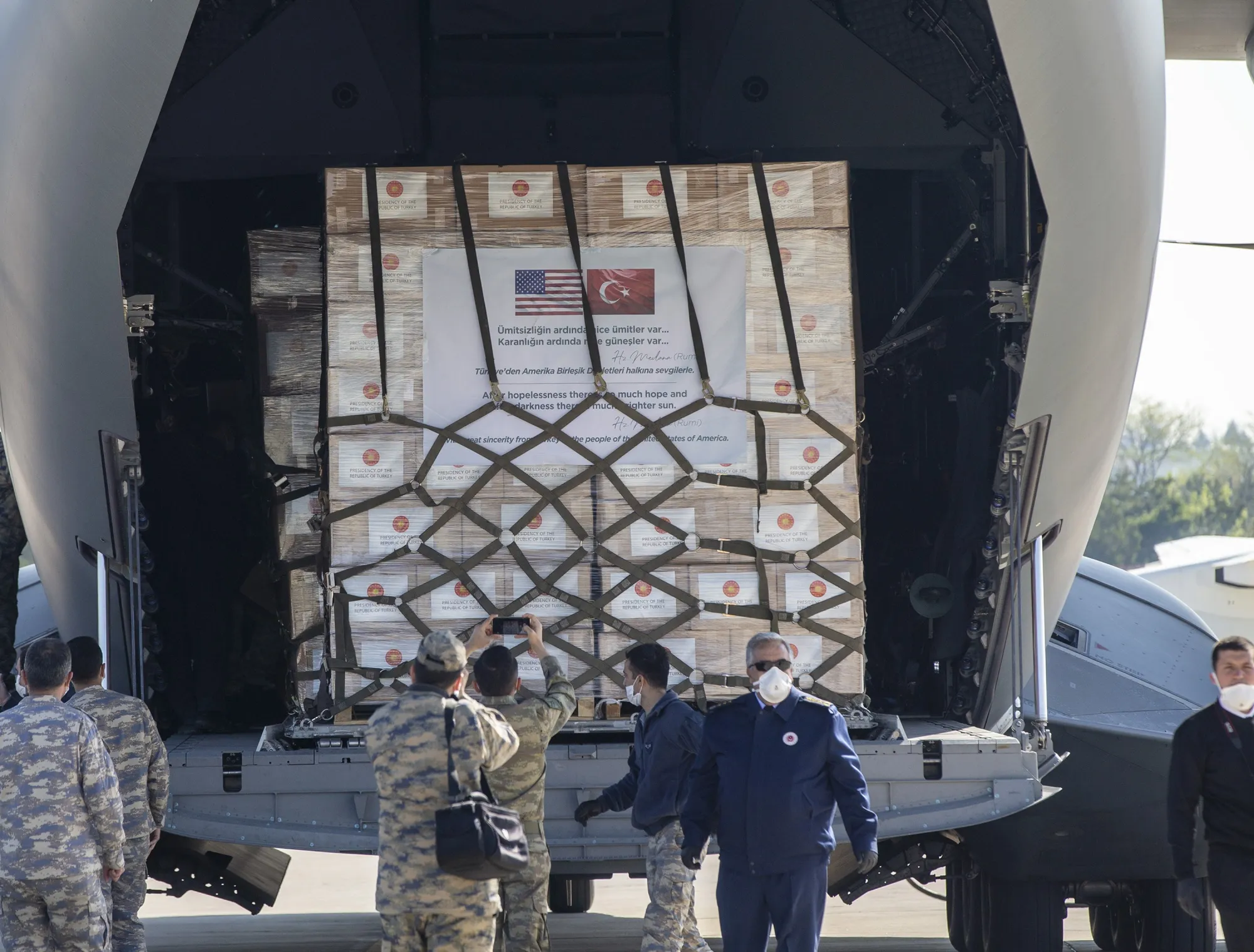 Turkey's medical aid packages are loaded onto a military cargo plane, in Ankara, on April 28.