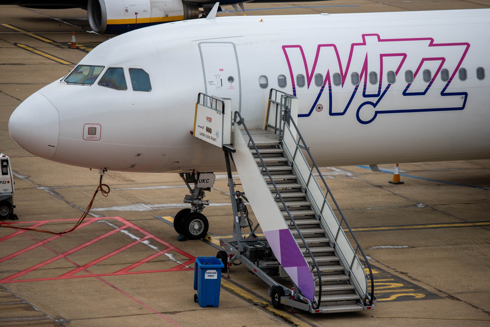 A Wizz Air passenger aircraft at London Luton Airport in Luton, UK.