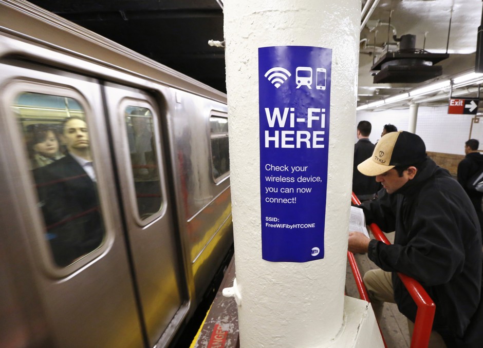 A sign advertises wi-fi service in the Times Square subway station in New York.