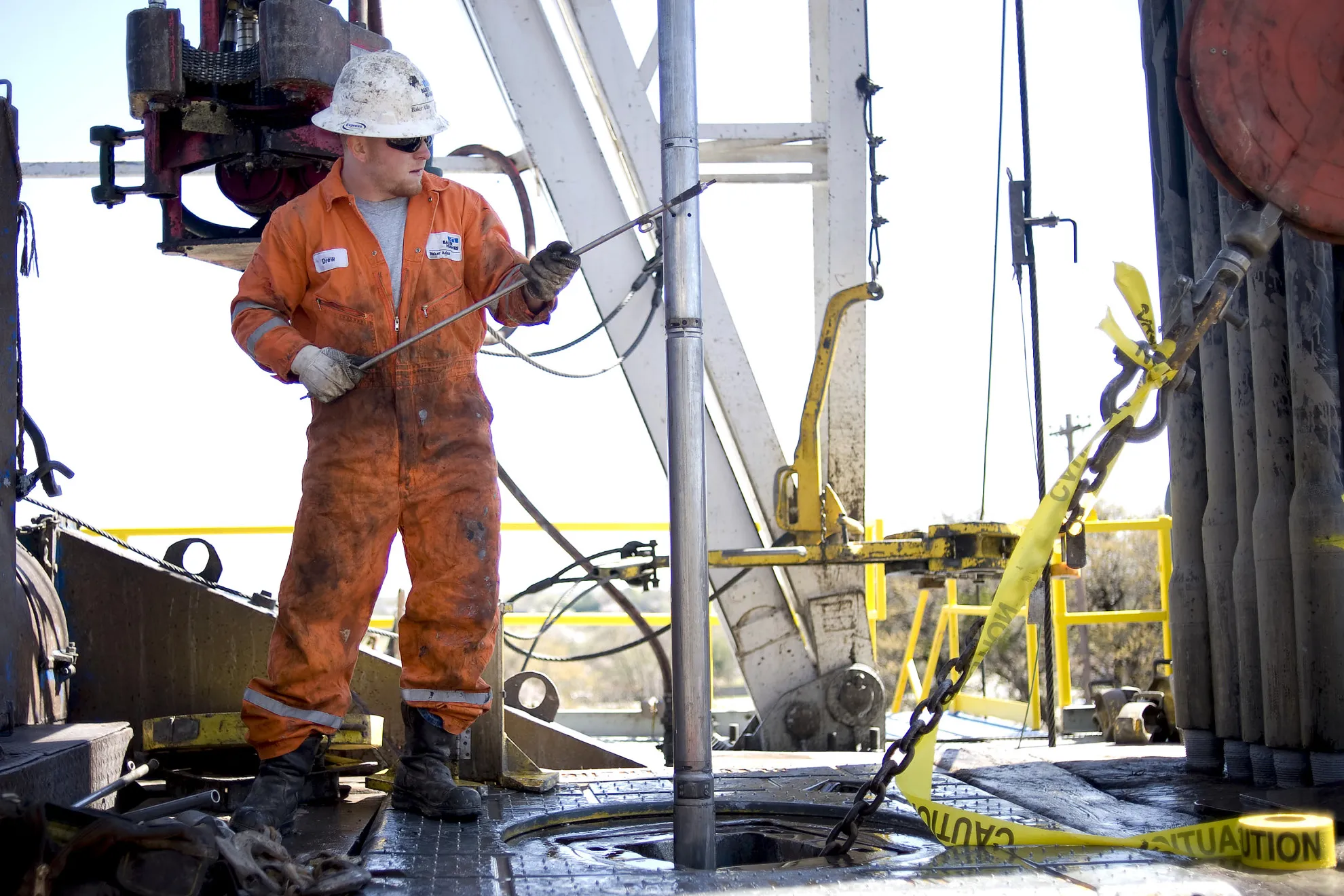 A&nbsp;Baker Hughes worker&nbsp;conducts a wireline survey on a natural gas rig&nbsp;near Burleson, Texas, in 2009.