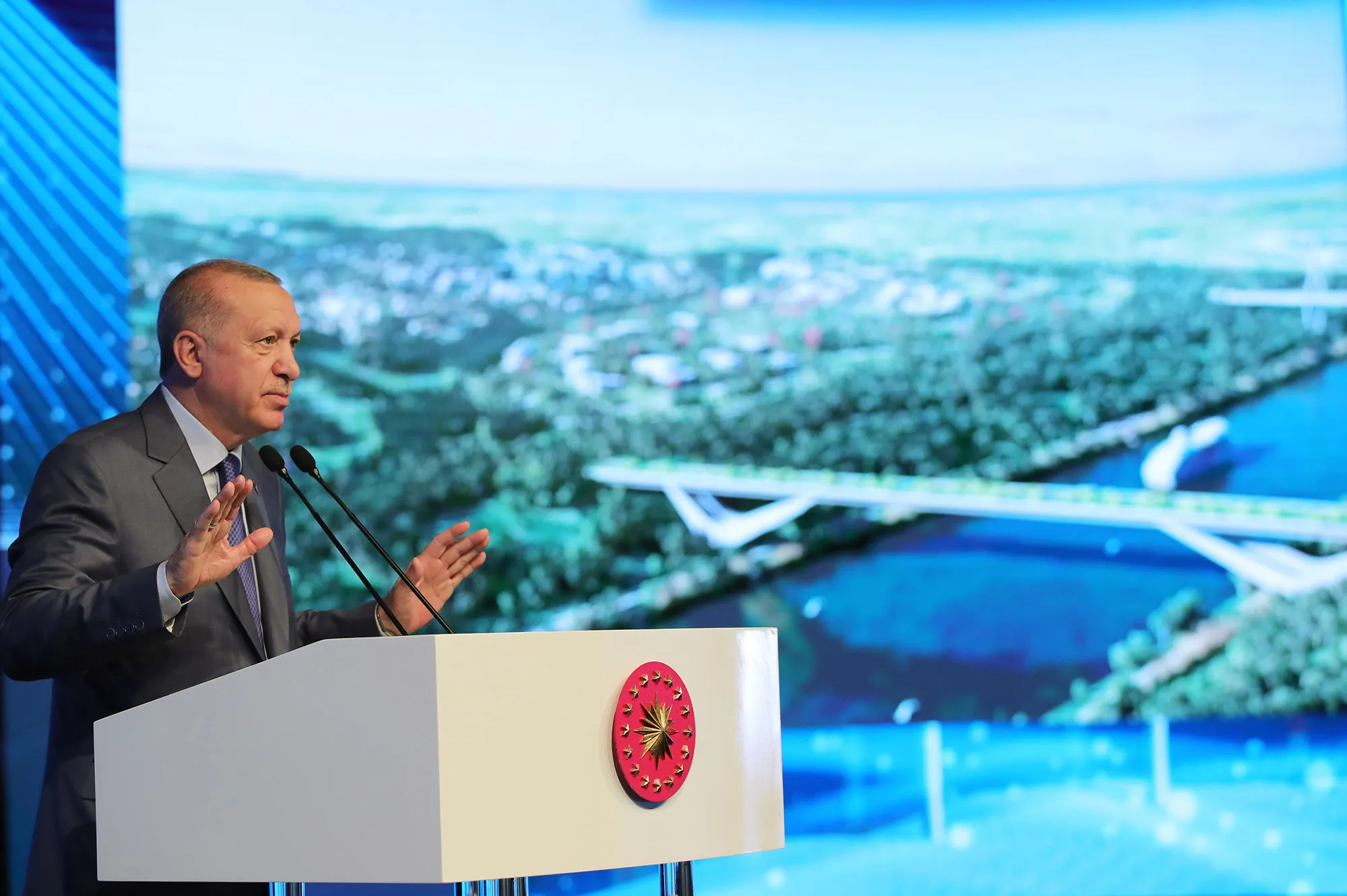 Recep Tayyip Erdogan makes a speech during a ceremony for Sazlidere Bridge, part of Canal Istanbul mega-project, in Istanbul, on June 26.