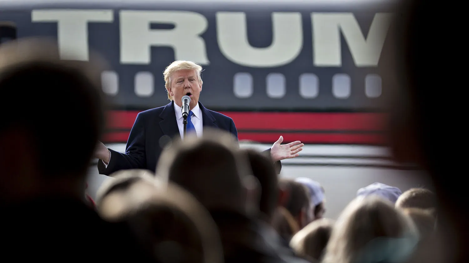 Donald Trump speaks during a campaign rally at Dubuque Regional Airport in Dubuque, Iowa, on Jan. 30, 2016.
