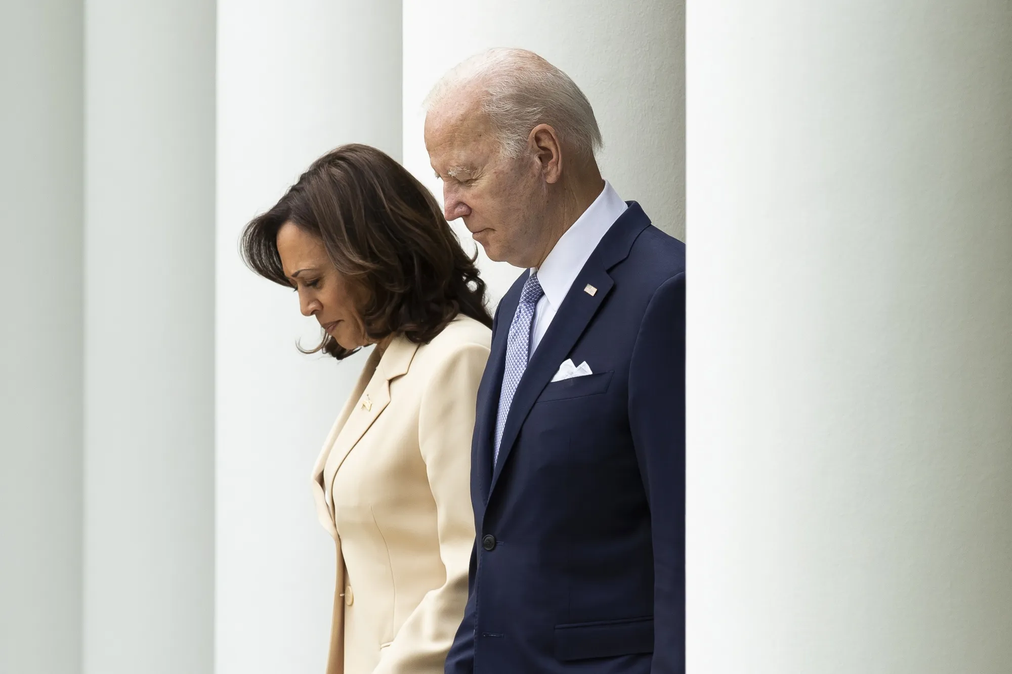 Biden and Harris arrive at an event in the Rose Garden of the White House in Washington, DC, on  May 1.