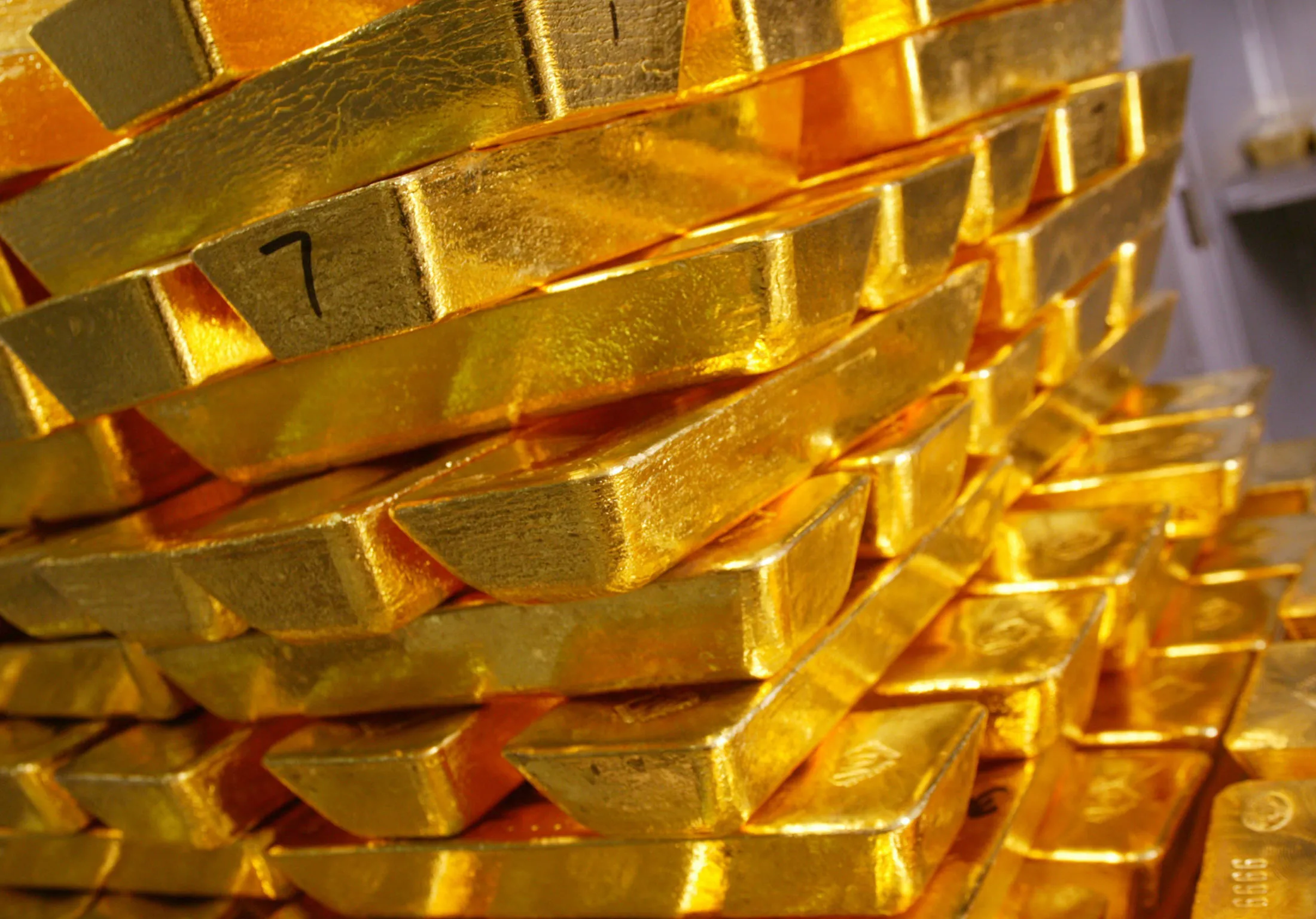 Gold bars are stacked in a vault at GoldCorp Inc. Thursday, February 17, 2005, in Toronto, Ontario Canada.
