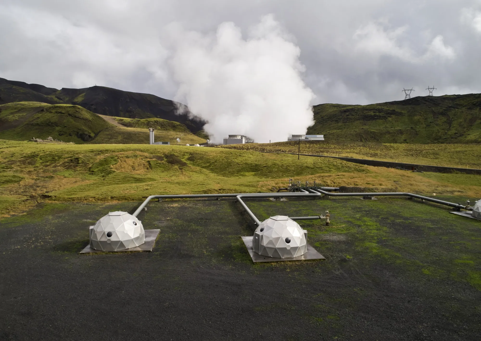 Pods, operated by Carbfix, containing technology for storing carbon dioxide underground, in Hellisheidi, Iceland.
