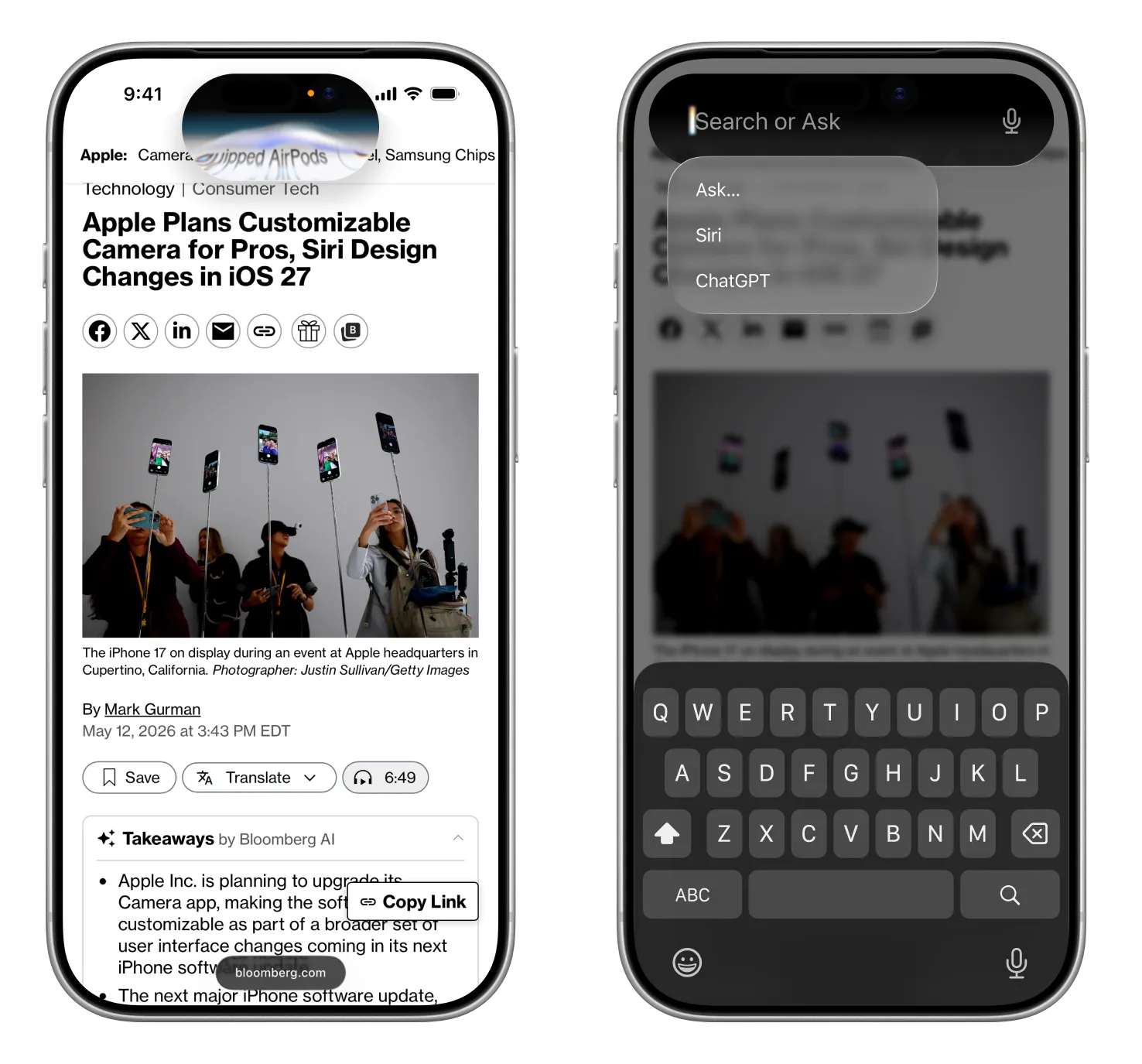 新 Siri 在 Dynamic Island 的动画及 Search/Ask 界面示意