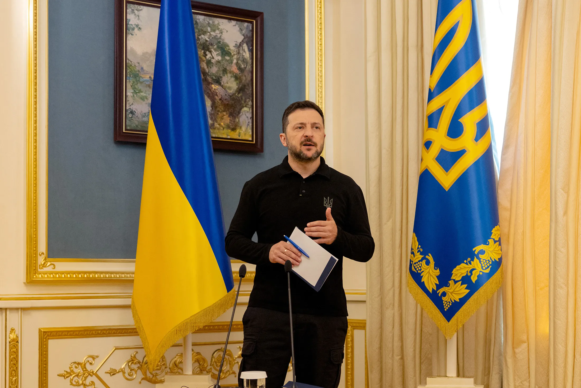 Volodymyr Zelensky speaks during a press conference in Kyiv on April 22.