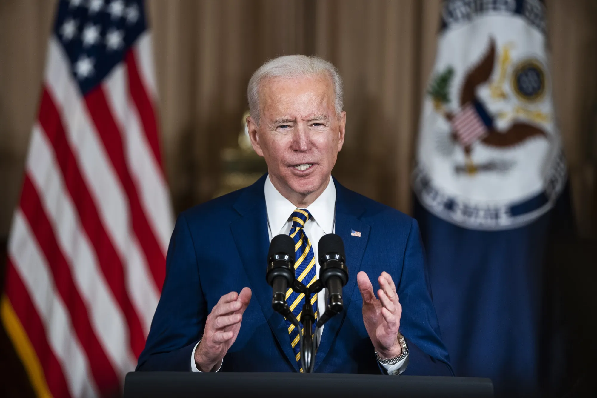 President Joe Biden speaks at the State Department in Washington, D.C., on&nbsp;Feb. 4.&nbsp;