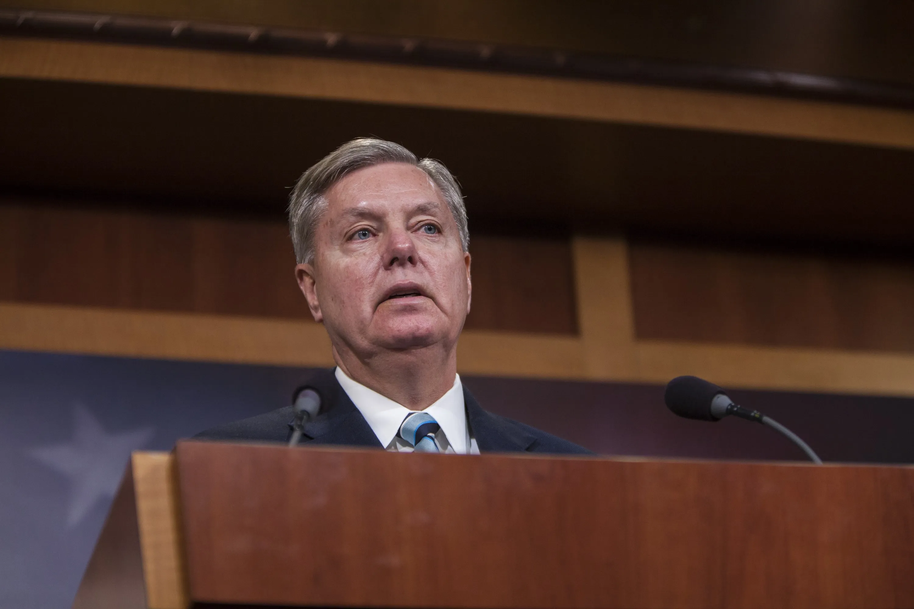 WASHINGTON, D.C. - JANUARY 13: Senator Lindsey Graham speaks at a press conference with Senator Richard Burr (not seen), Senator John McCain (not seen), and Senator Kelly Ayotte (not seen) to announce new proposed legislation to limit President Obamas ability to release prisoners from Guantanamo in Washington, D.C. on January 13, 2015.
