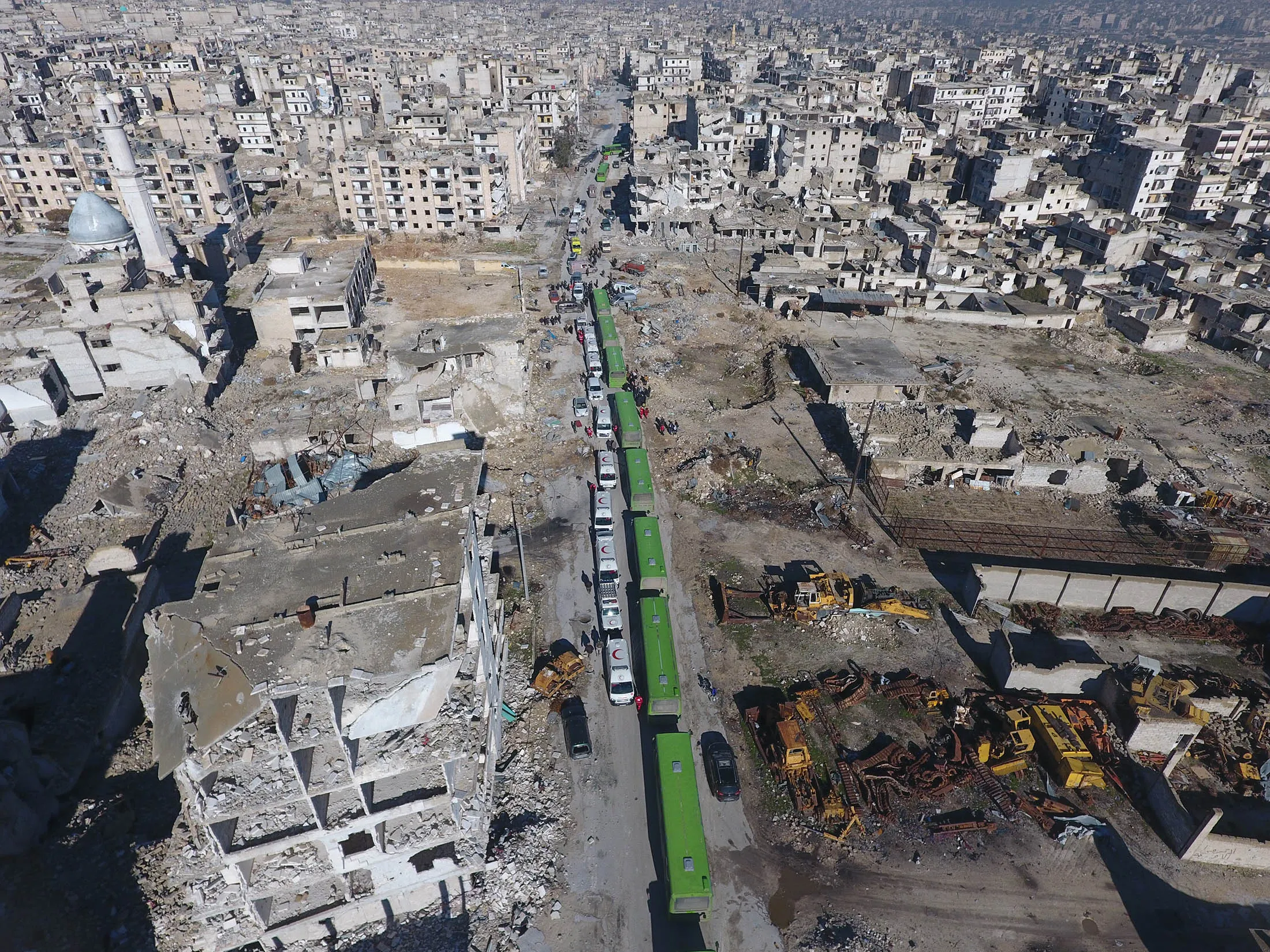 A convoy of rescue vehicles in Aleppo to evacuate civilians on Dec. 15.
