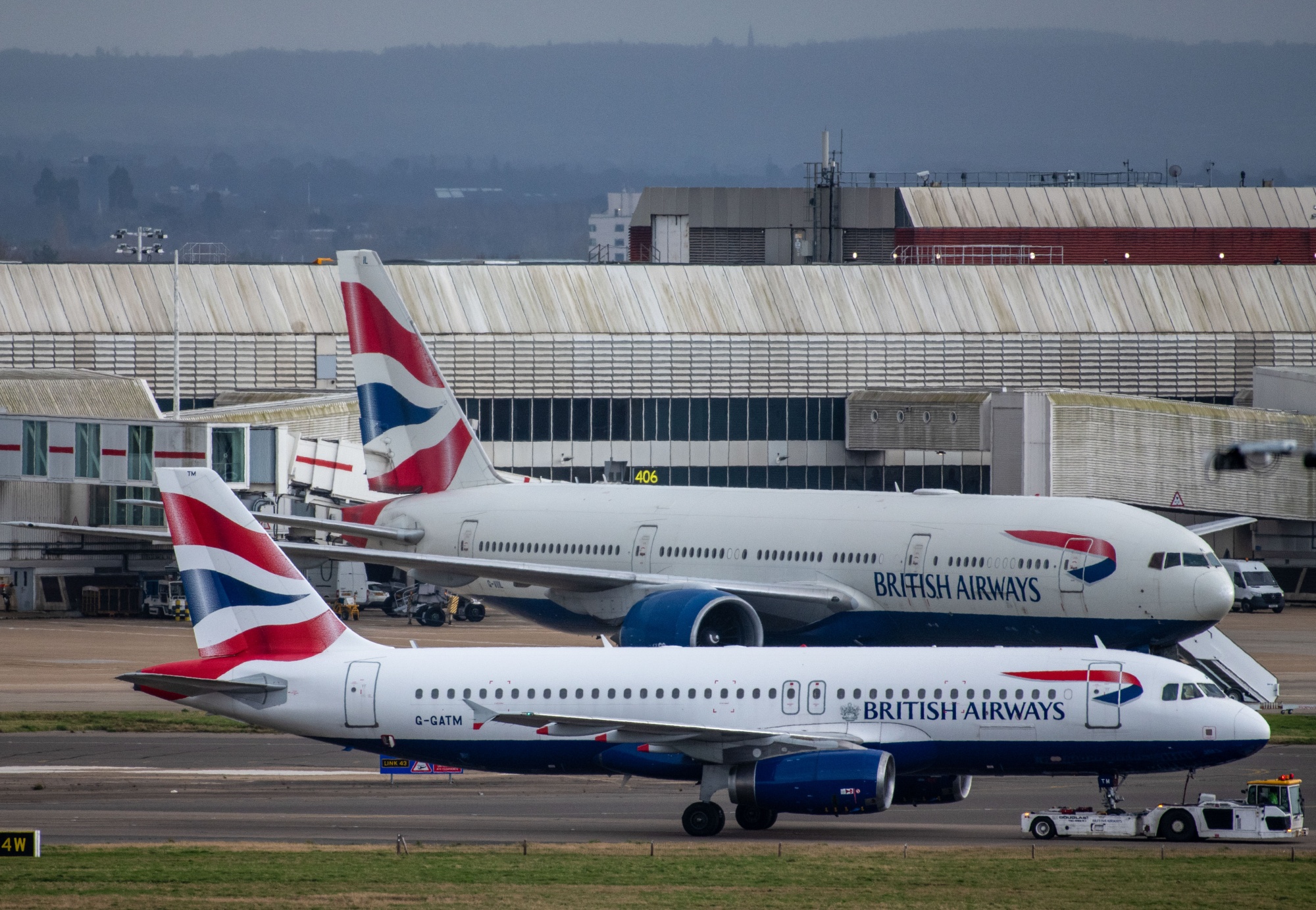 Passenger aircraft, operated by British Airways at London Heathrow Airport.