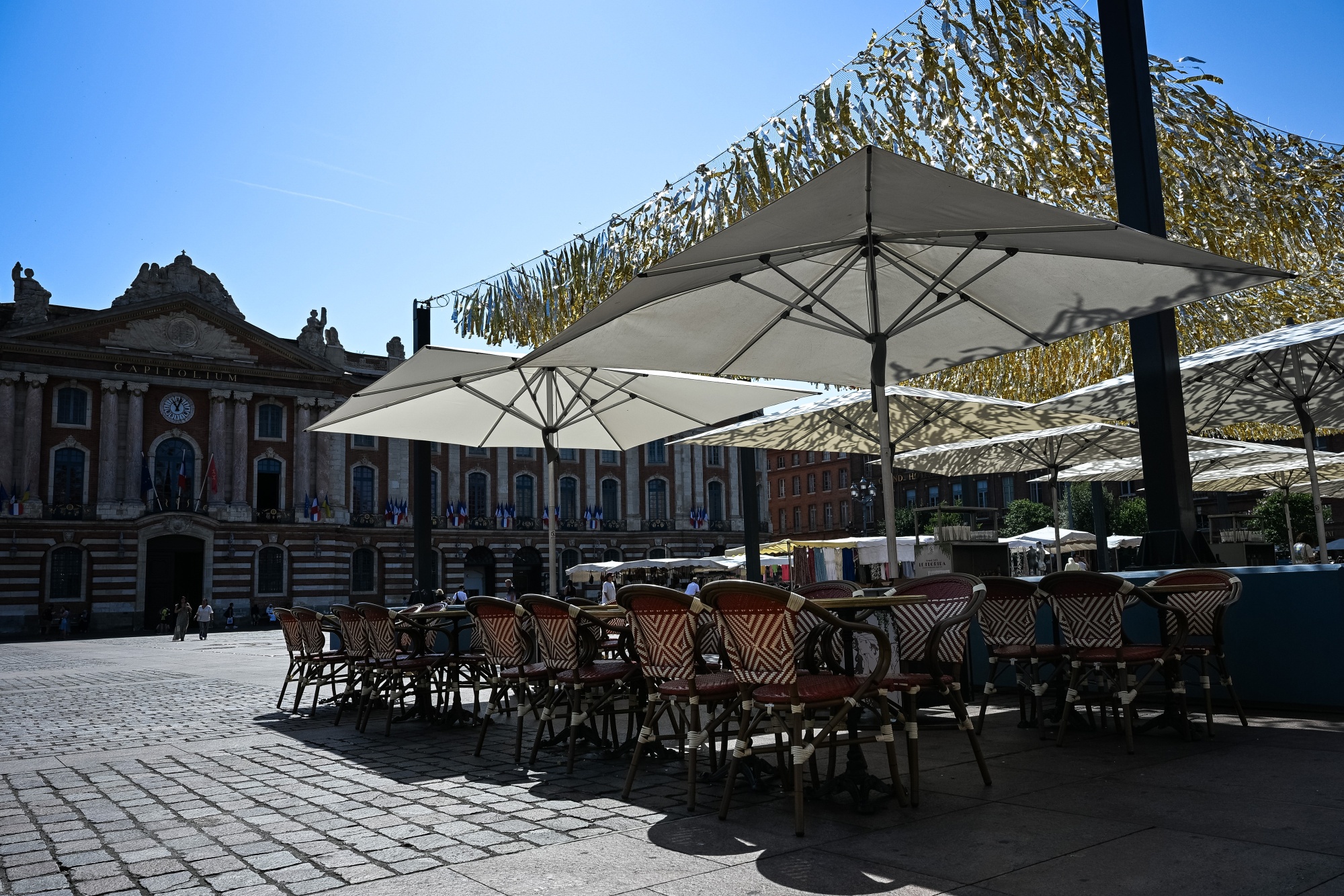 An empty restaurant terrace during high temperatures in Toulouse, on June 24.