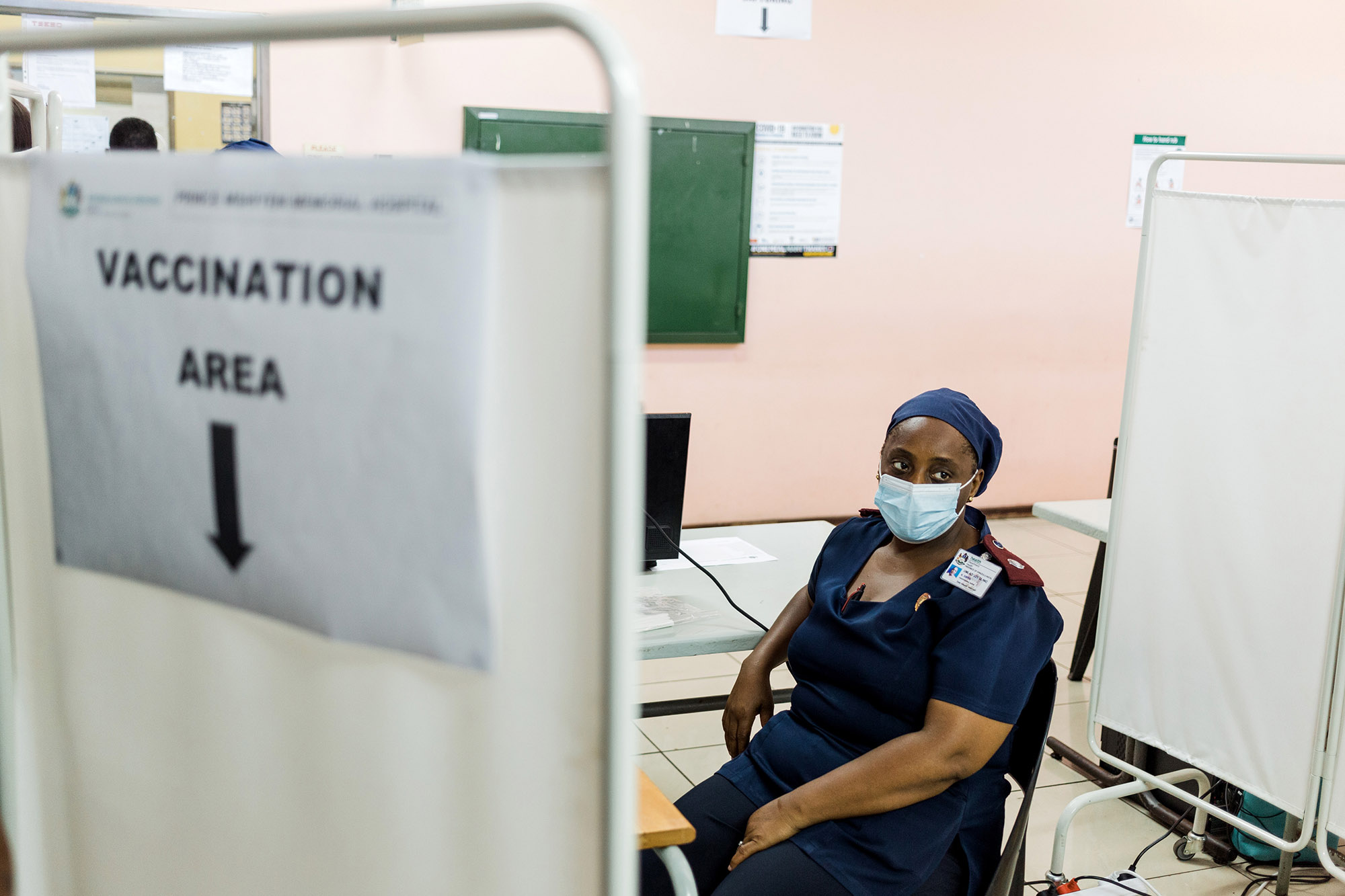 A nurse awaits to receive a dose of the Johnson &amp; Johnson vaccine at the Prince Mshiyeni Hospital in Umlazi, south of Durban.&nbsp;