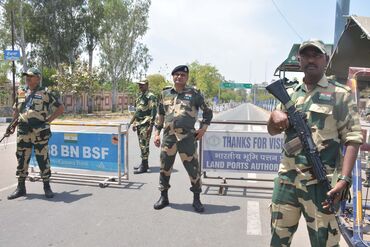 Indian Border Security Force personnel guard the closed Attari-Wagah crossing on April 24.