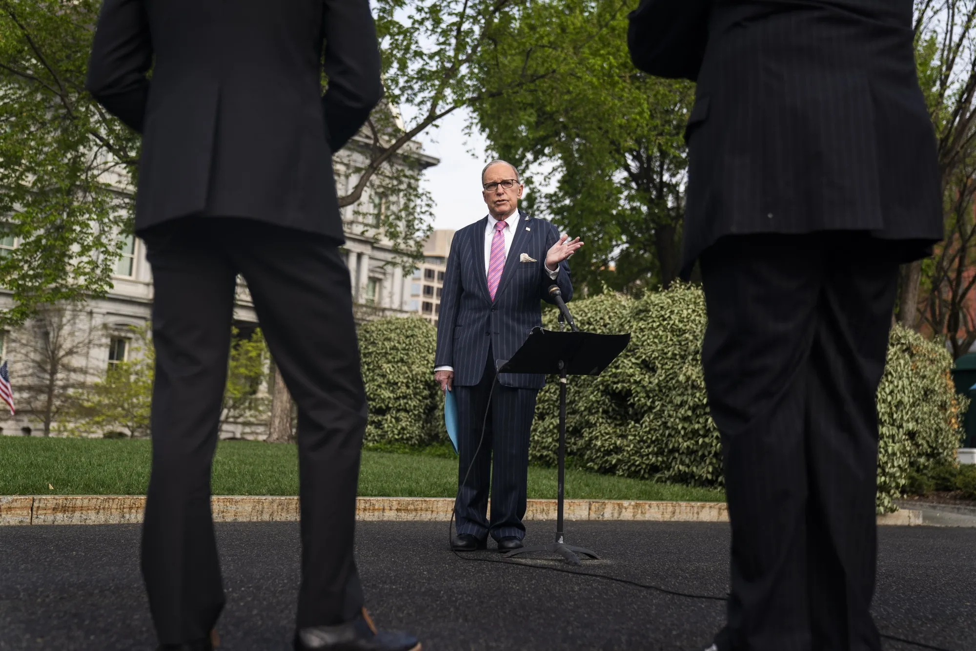 Larry Kudlow speaks to members of the media at the White House, on April 7.