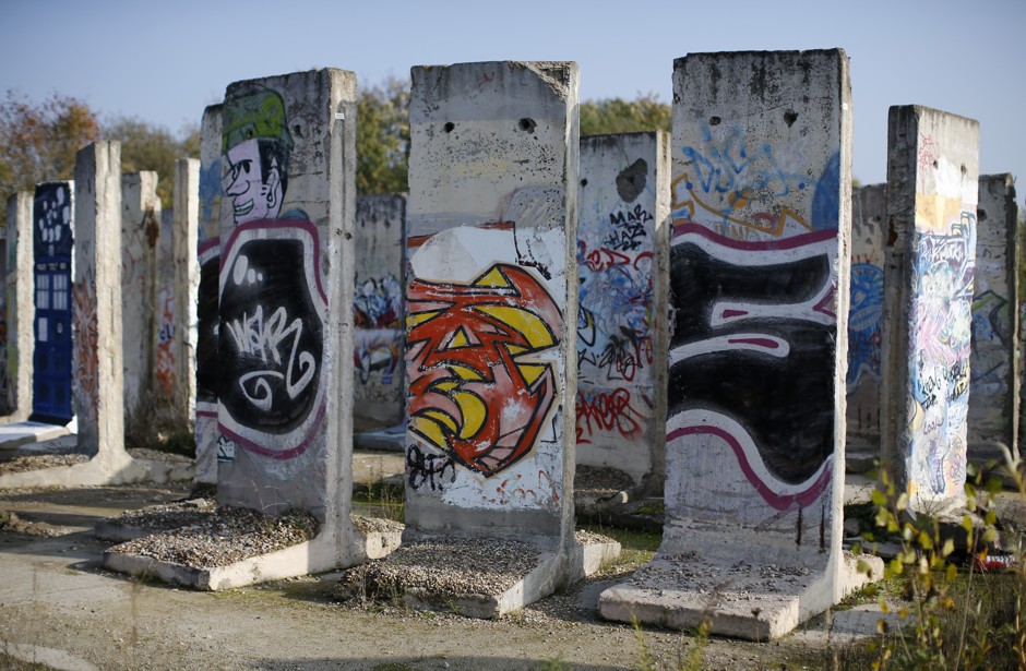 Segments of the former Berlin Wall for sale are pictured at a storage yard in Teltow, south of Berlin.