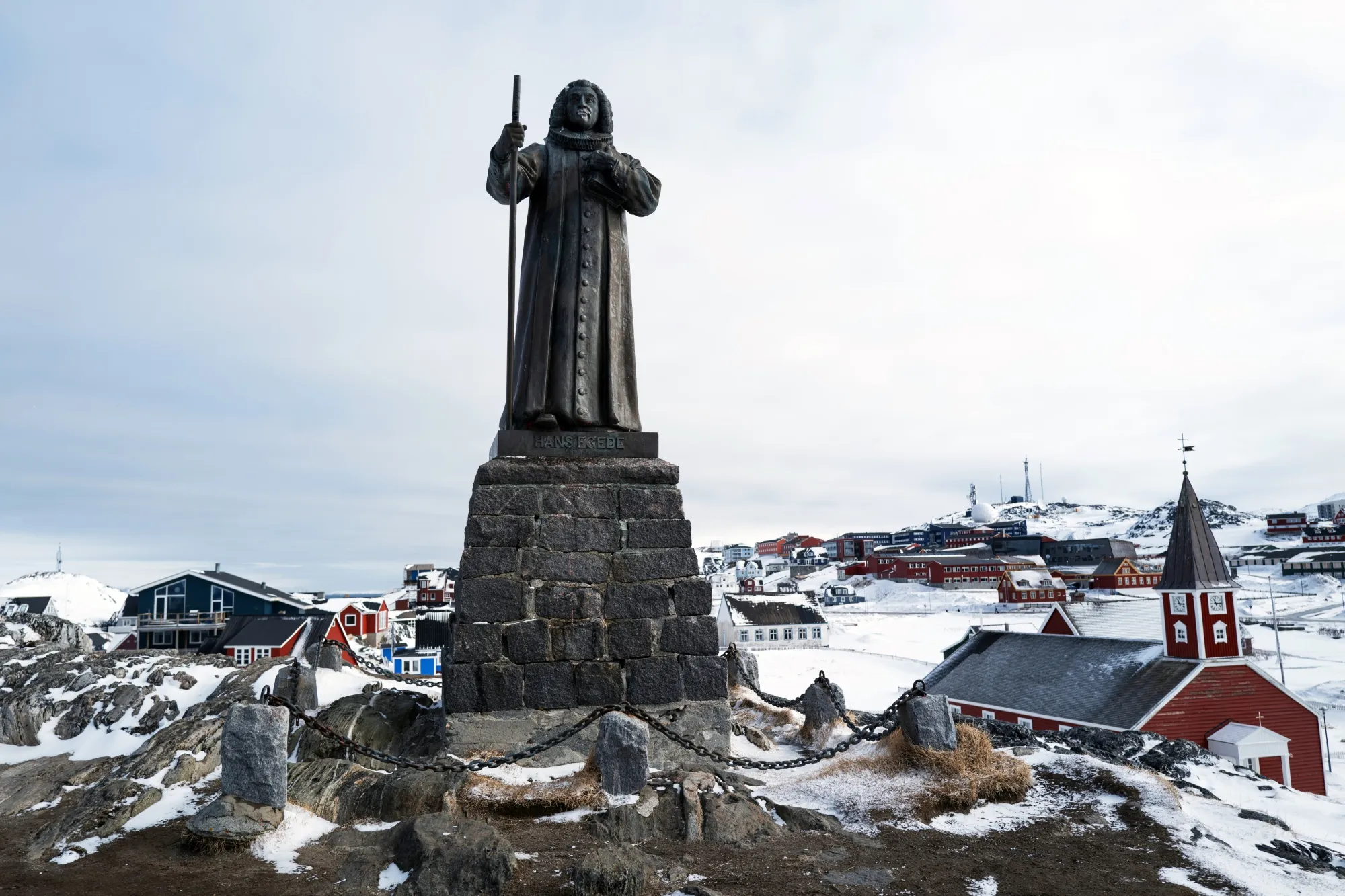 A statue of Danish missionary Hans Egede overlooks the city of Nuuk, Greenland.