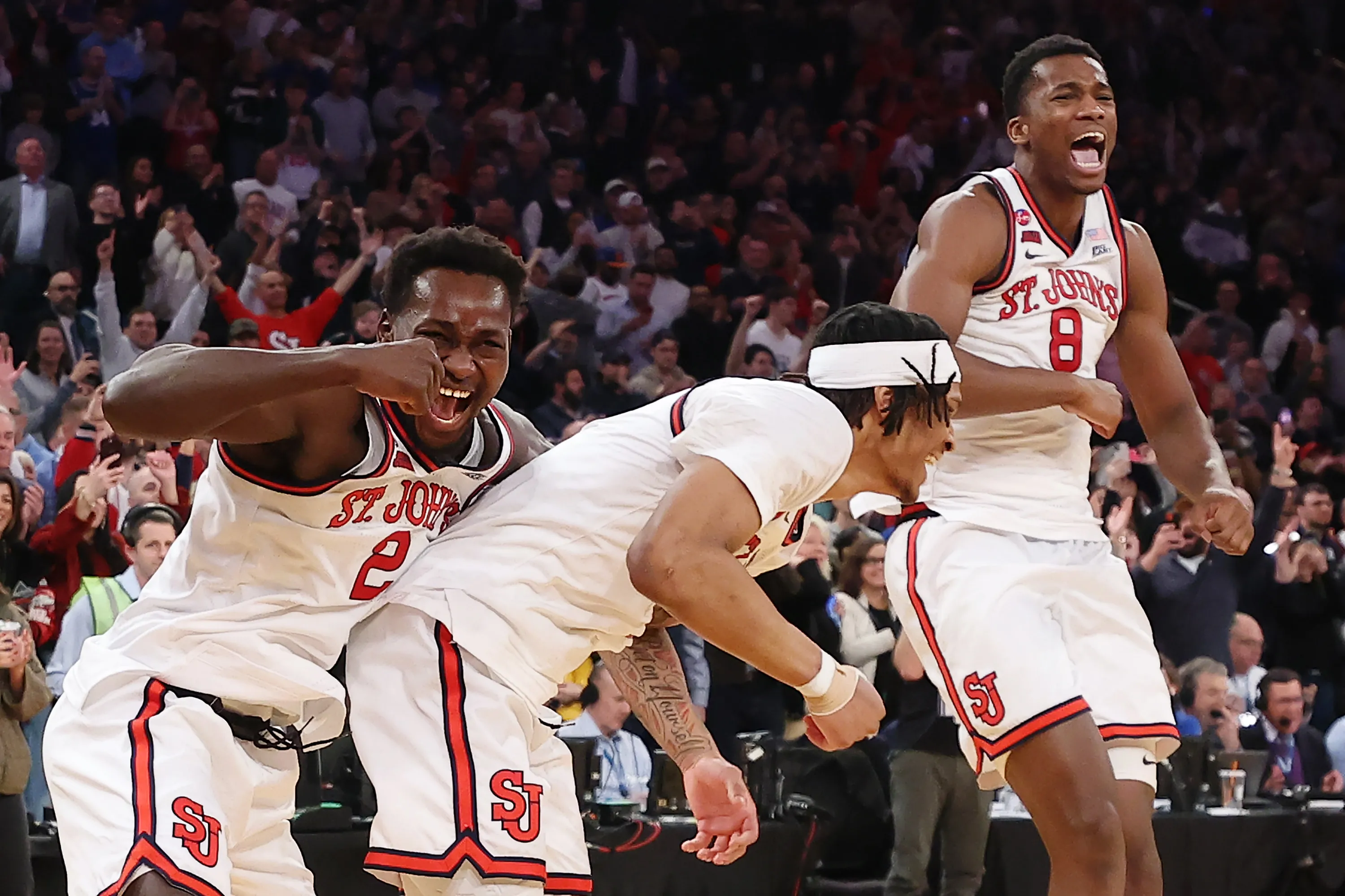 St. John's Red Storm players&nbsp;during the Big East Men's Basketball Tournament at Madison Square Garden in New York City, on March 15.&nbsp;