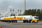 Fuel tanker trucks at the Shell Pernis refinery in Rotterdam, Netherlands.