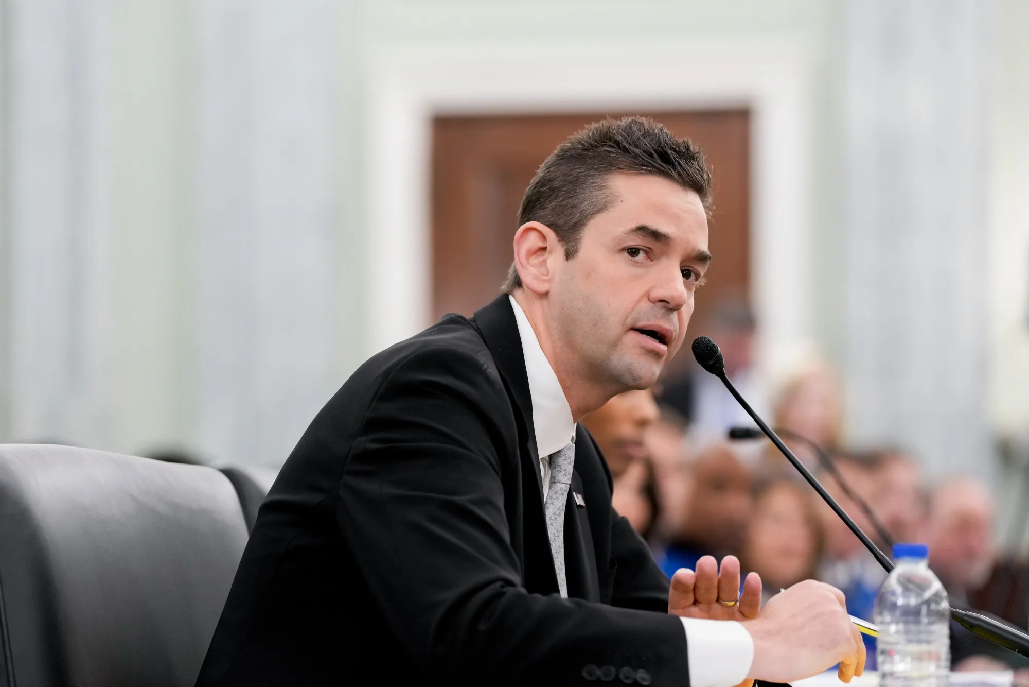 Jared Isaacman speaks during a Senate committee’s confirmation hearing in Washington in April.