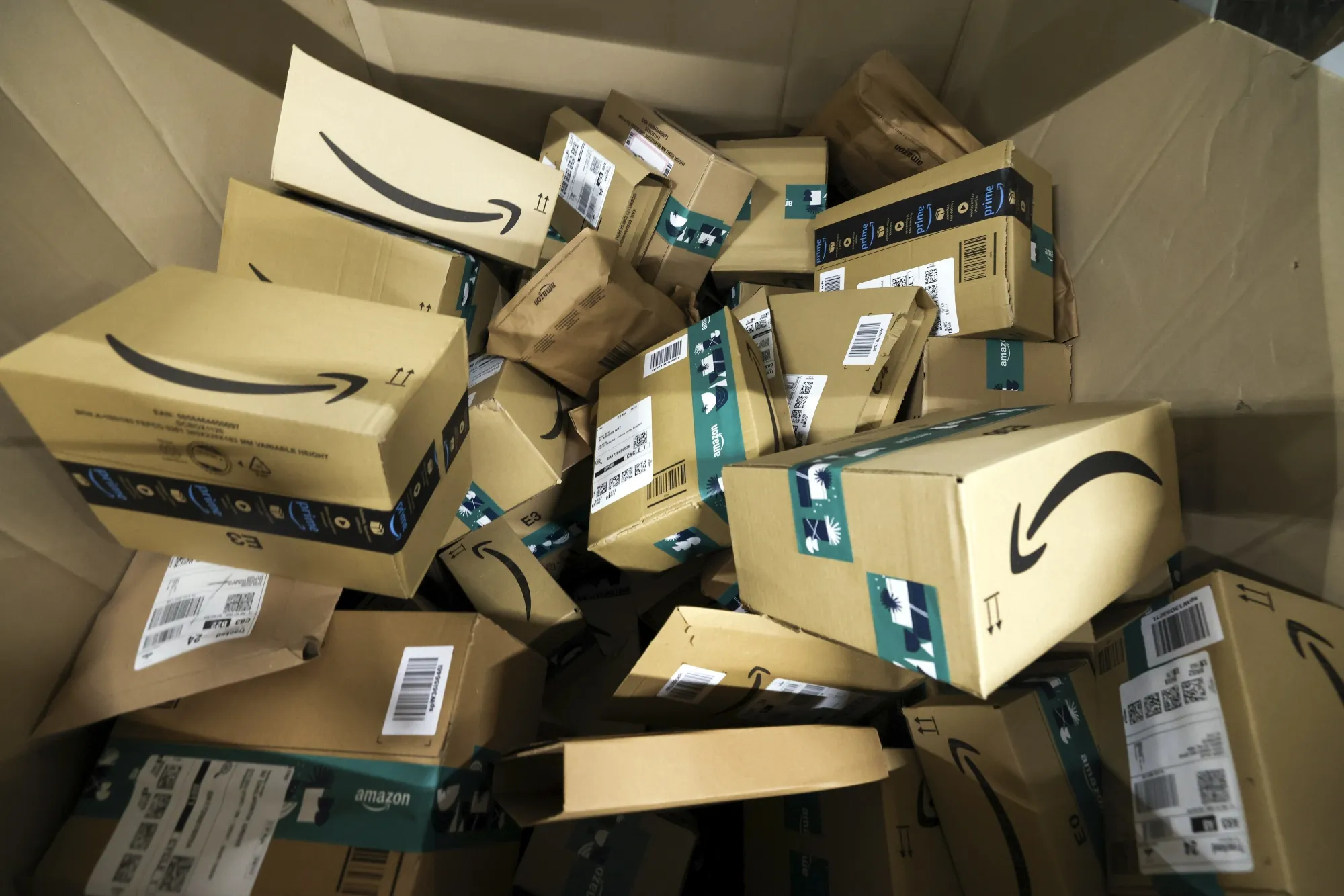 Items for final delivery at an Amazon.com Inc. fulfilment center in Swindon, U.K.