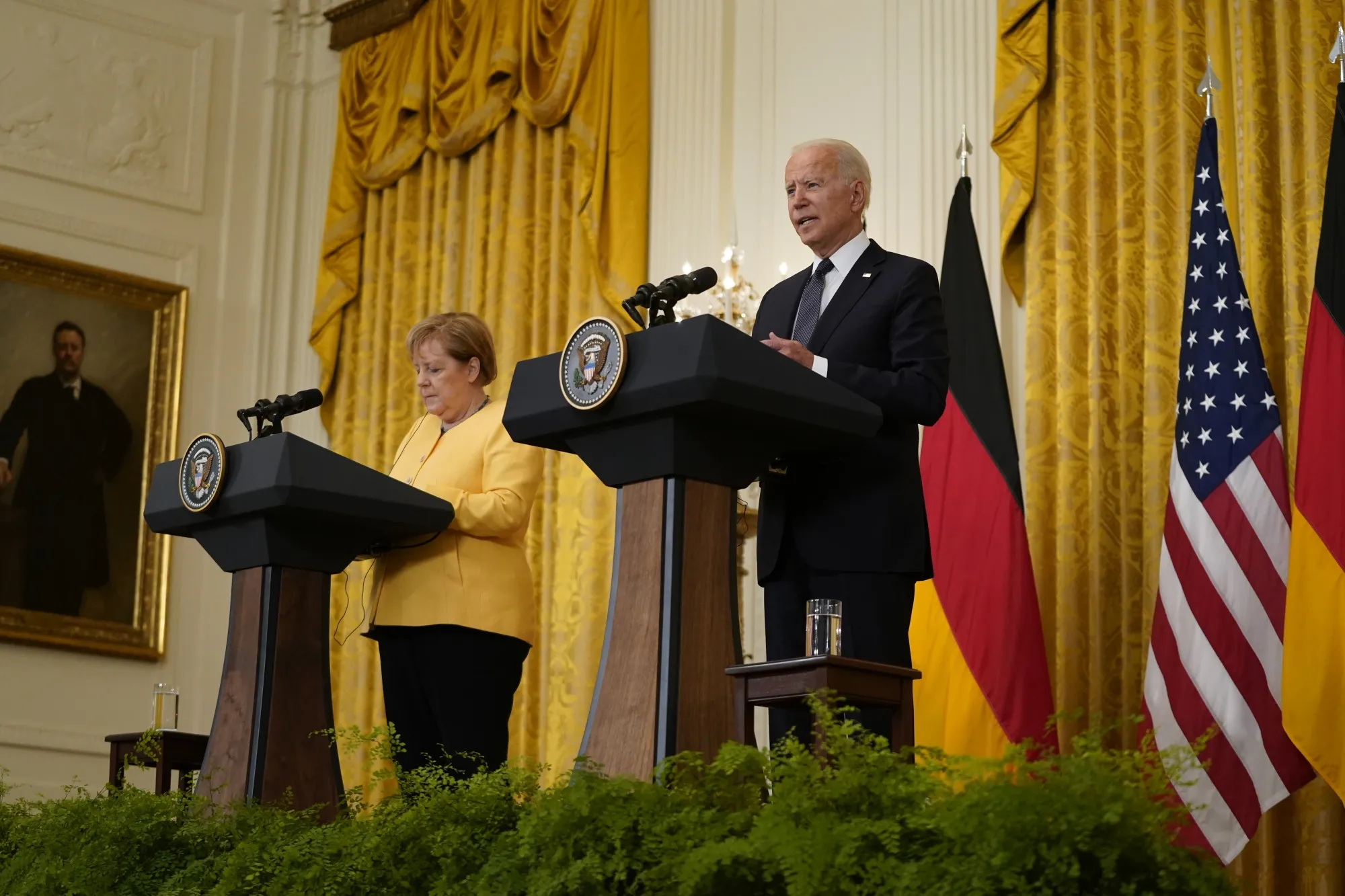 Joe Biden, right, and Angela Merkel&nbsp;attend a news conference in the East Room of the White House on&nbsp;July 15.&nbsp;