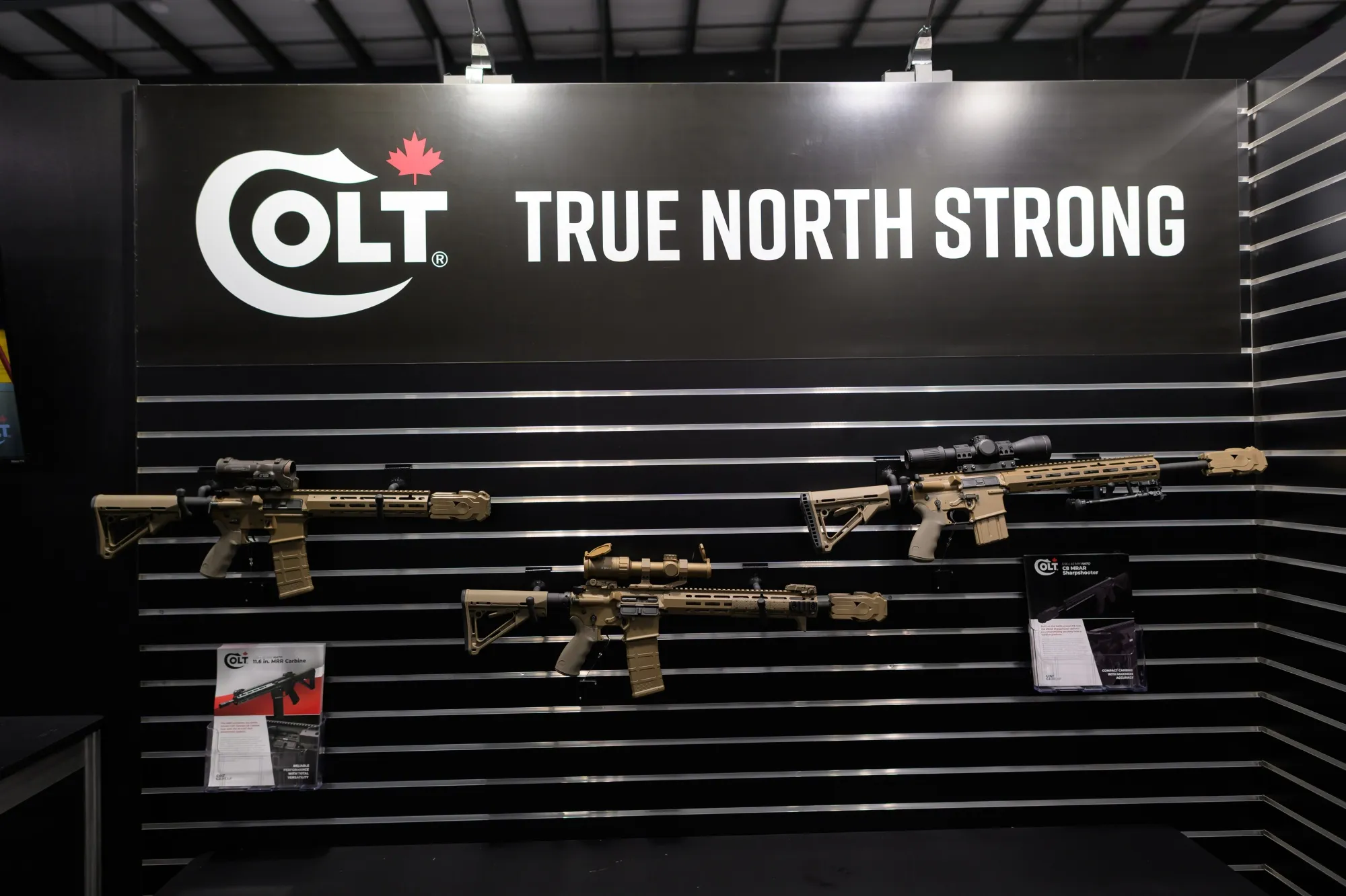 Rifles at the Colt Canada booth during the CANSEC trade show in Ottawa&nbsp;in 2025.