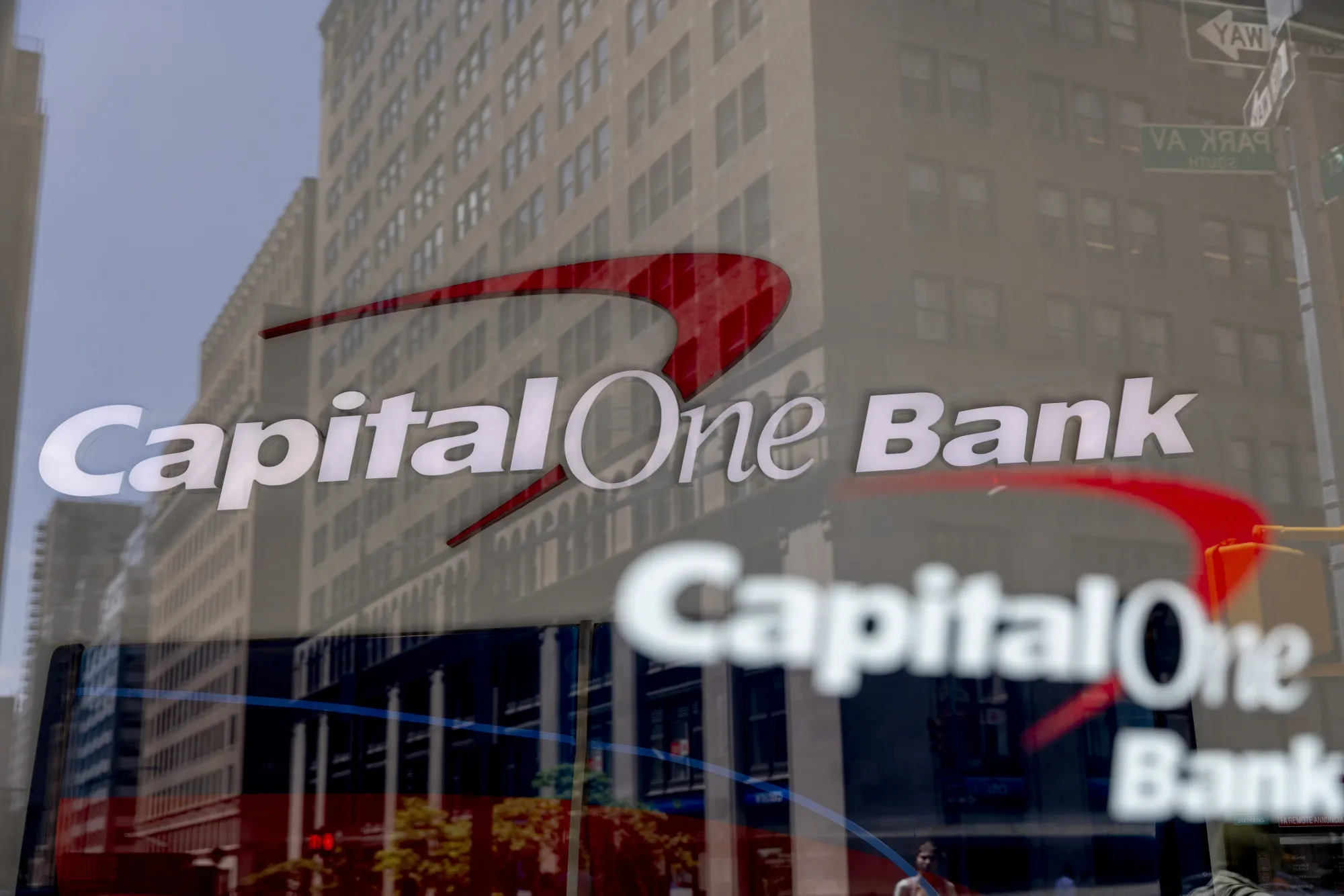 Capital One Financial Corp. signage is displayed outside a bank branch in New York.