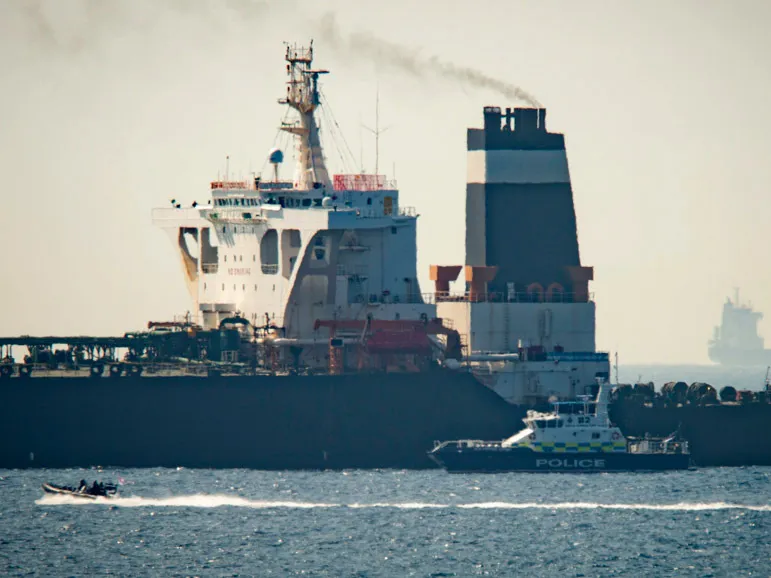 The Grace 1 super tanker i near a Royal Marine patrol vessel in the British territory of Gibraltar.&nbsp;