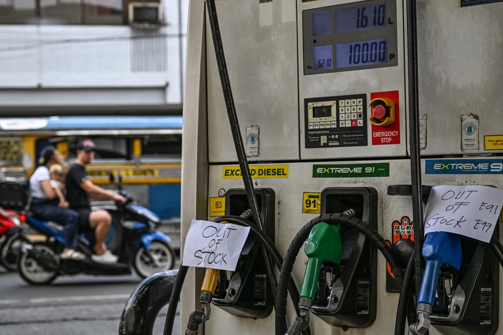 “Out of stock”&nbsp;signs at a gas station in Manila on March 9.