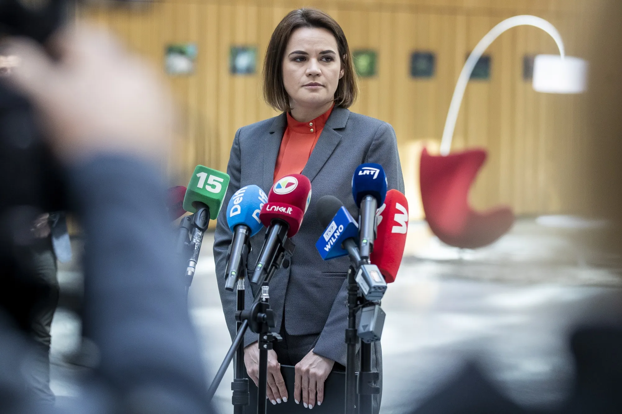 Sviatlana Tsikhanouskaya during a news conference in Vilnius, Lithuania, on May 24.