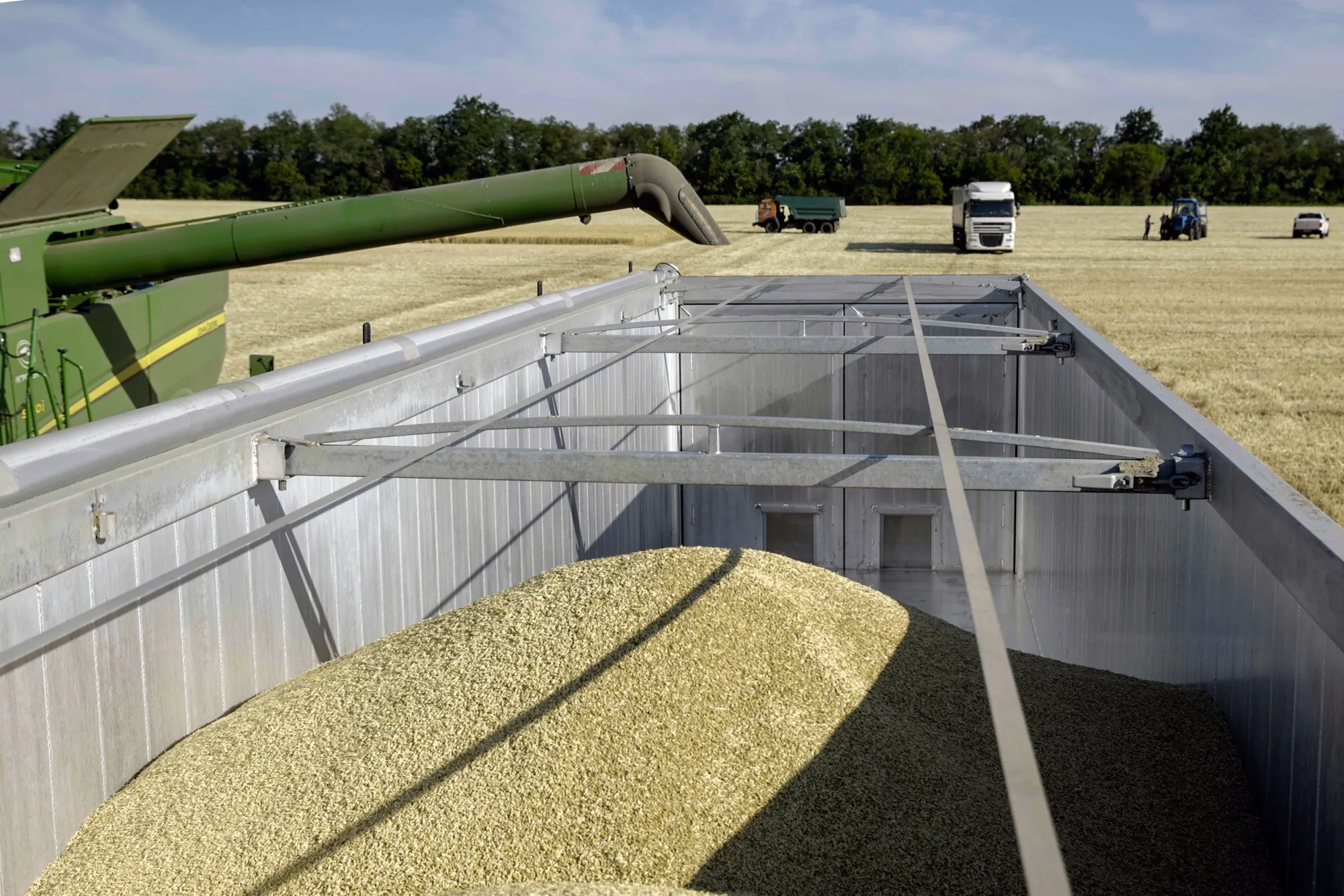 Freshly harvested wheat grain falls from a combine harvester into a trailer during the summer harvest in Kryvyi Rih, Ukraine.