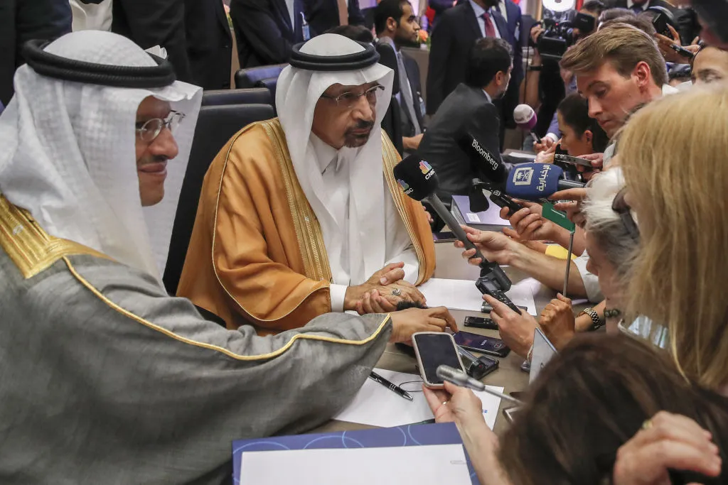 Prince&nbsp;Abdulaziz bin Salman, state minister for Saudi Arabia's energy ministry, left, listens as Khalid Al-Falih, Saudi Arabia's energy and industry minister, speaks to reporters ahead of a OPEC&nbsp;meeting in Vienna, Austria, on July 1, 2019.