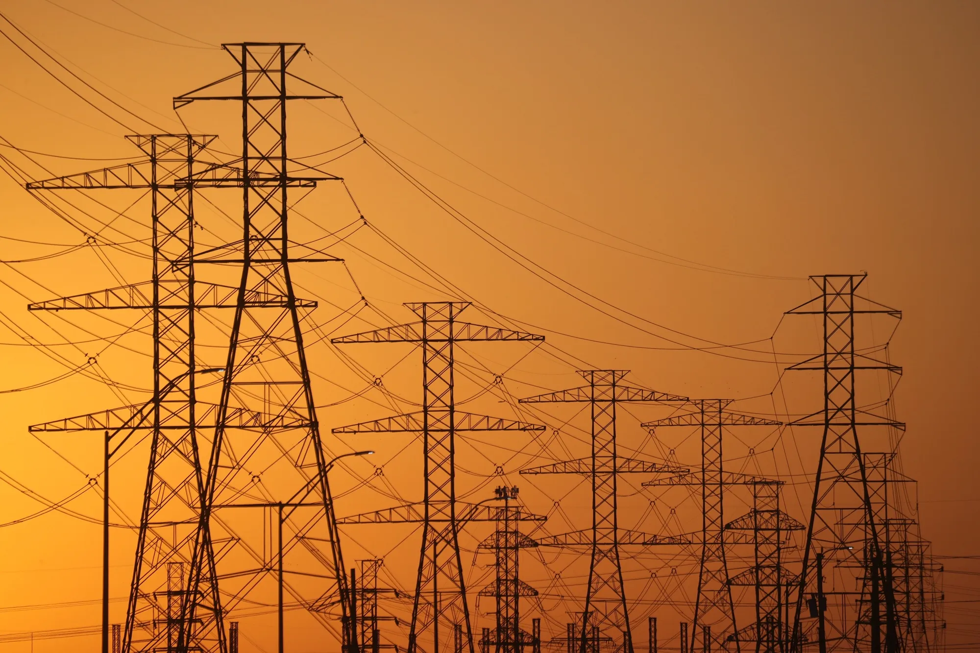 High voltage transmission towers in Houston, Texas.