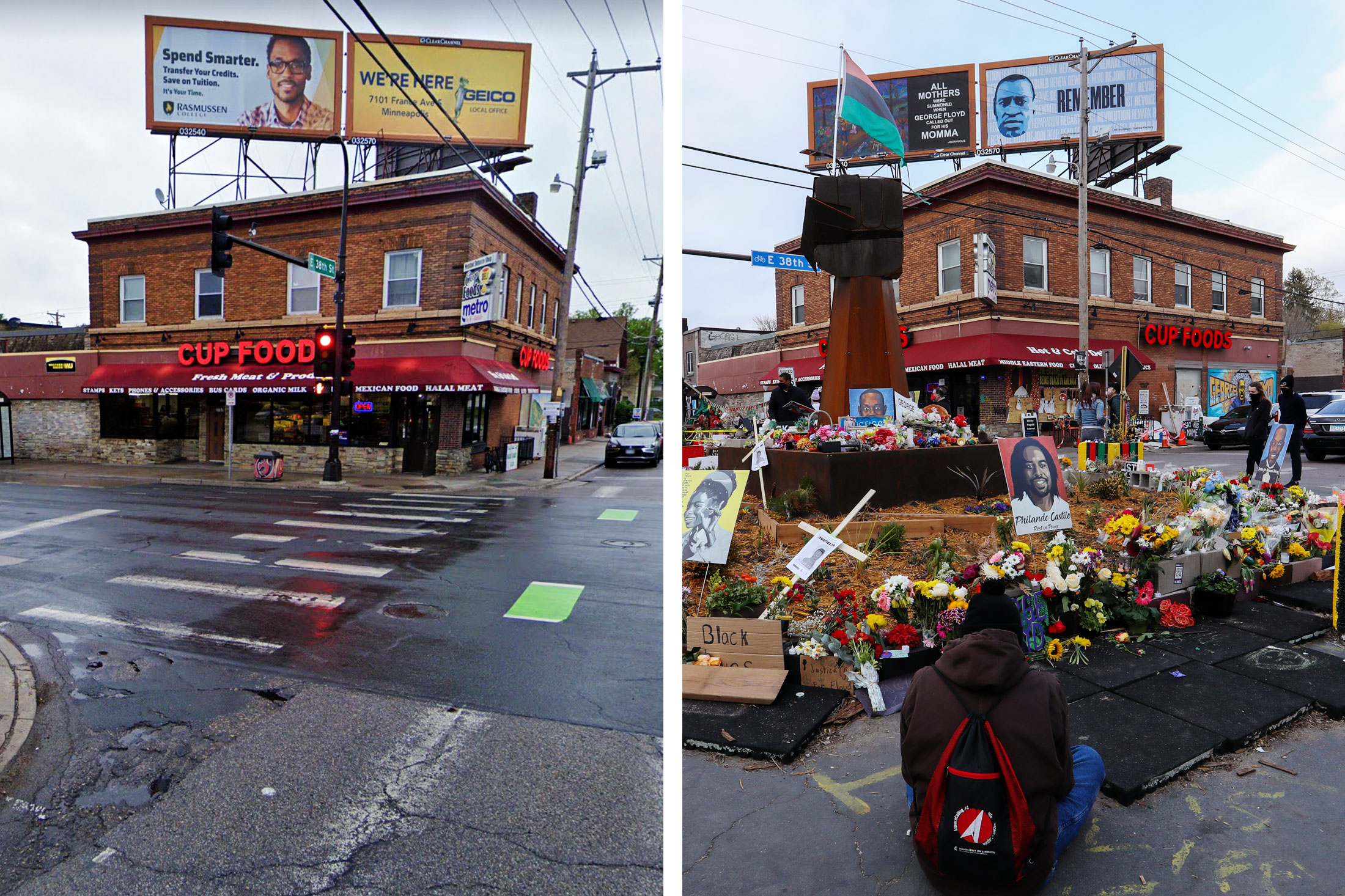 The site of George Floyd’s murder as it appeared in 2019, left, and in April of this year.