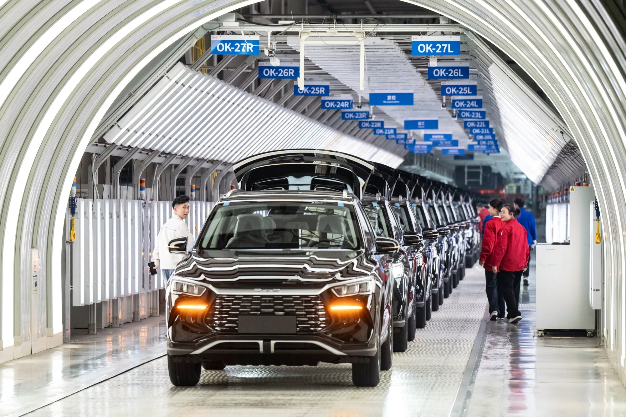 Electric vehicles on the assembly line at the BYD factory in Zhengzhou, China, on Nov. 5.