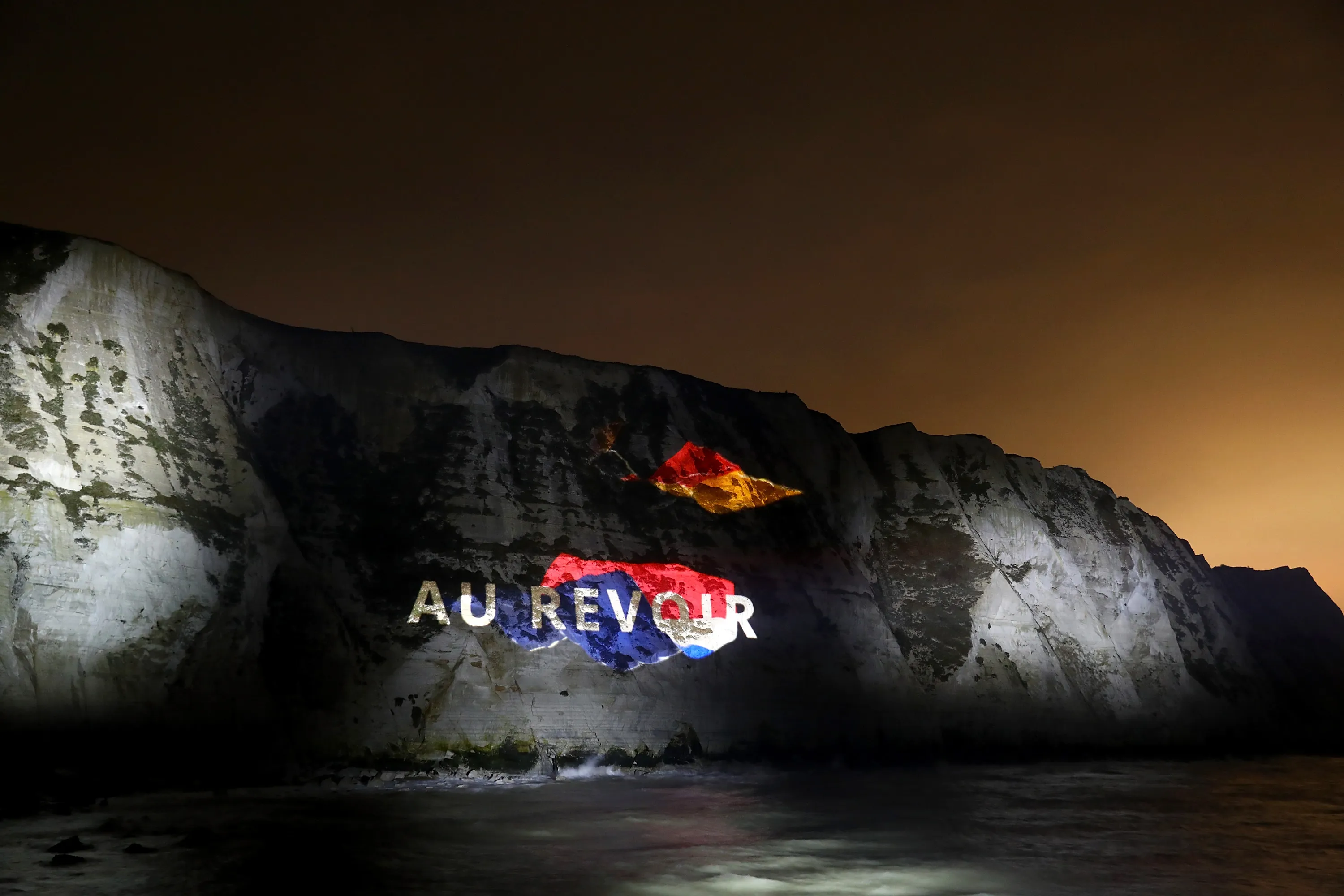 Sky News marks Brexit day by projecting a farewell message on the white cliffs of Dover
