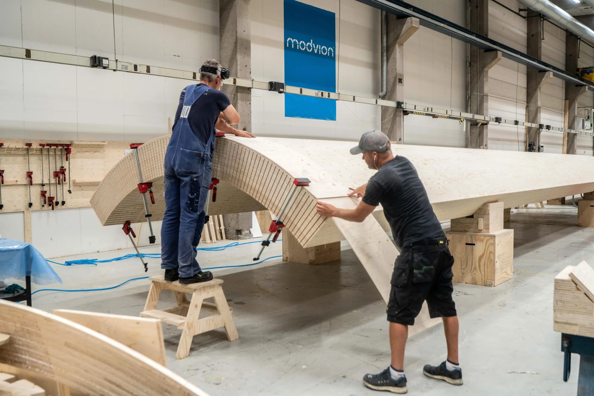 Construction of a wooden wind turbine tower at the Modvion factory in Gothenburg, Sweden, on July 3.