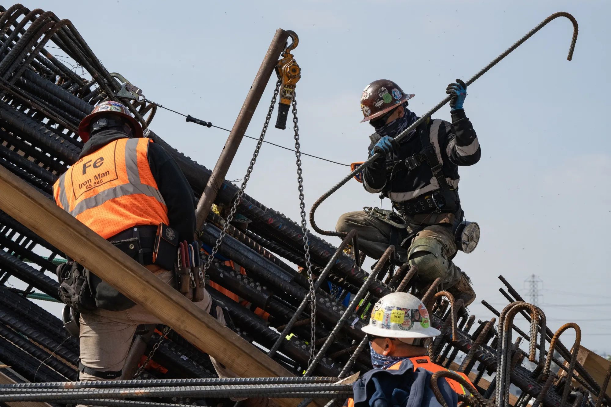 Construction workers install steel rebar&nbsp;during a construction project in Los Angeles.