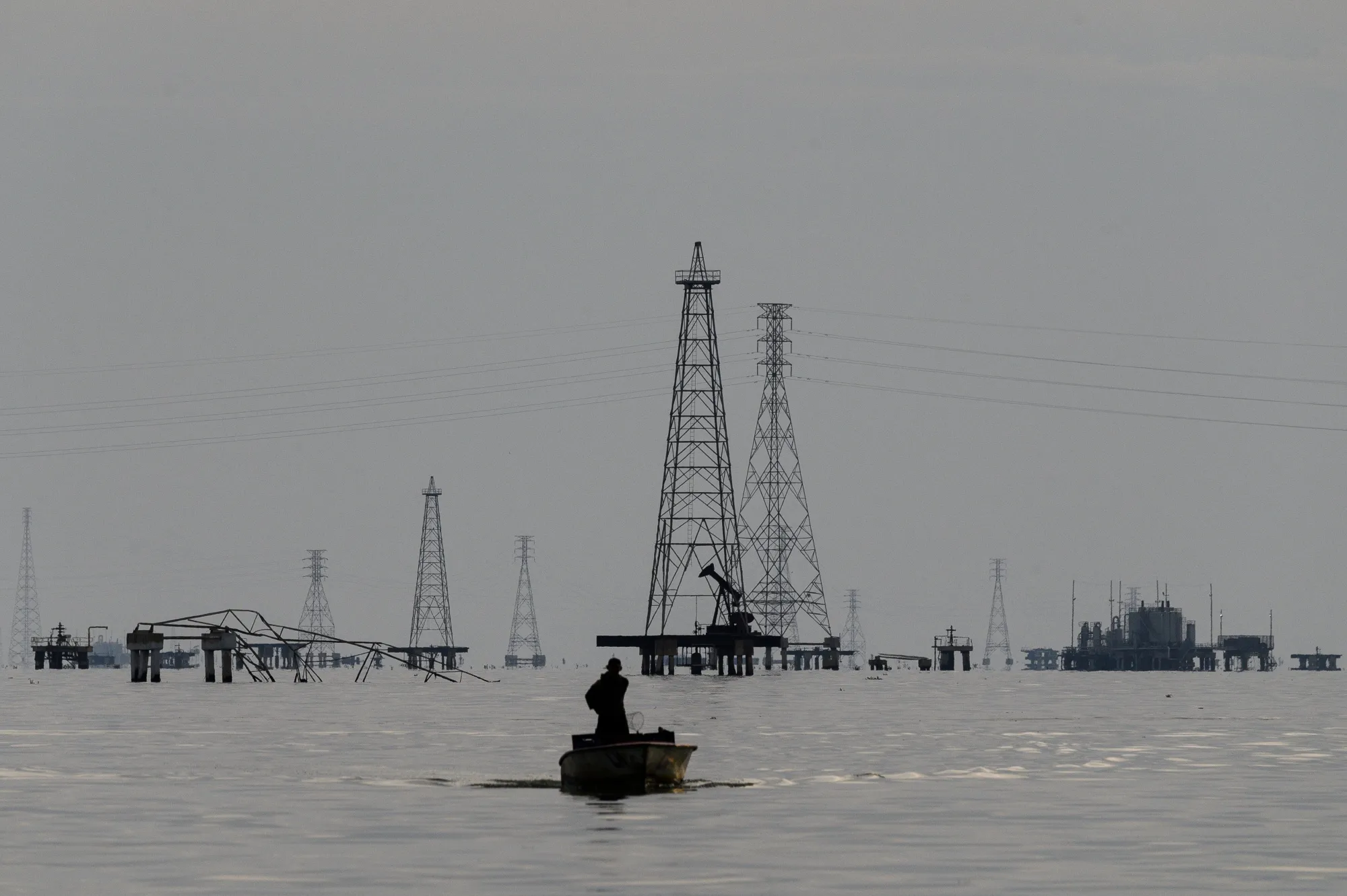 Petroleos de Venezuela SA oil rigs on Lake Maracaibo in Cabimas, Zulia state, Venezuela.