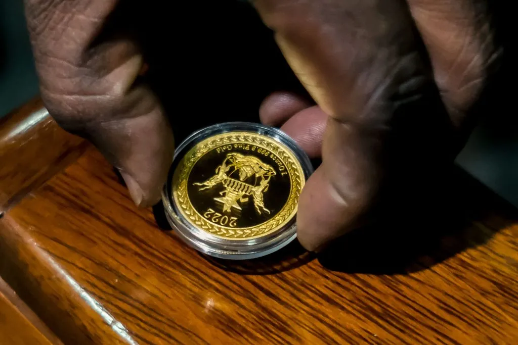 The "Mosi-oa-Tunya" gold coin in Harare.