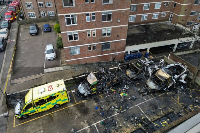 Burned-out ambulances in north London’s Golders Green on March 23 after a suspected antisemitic arson attack on vehicles run by a Jewish volunteer group.