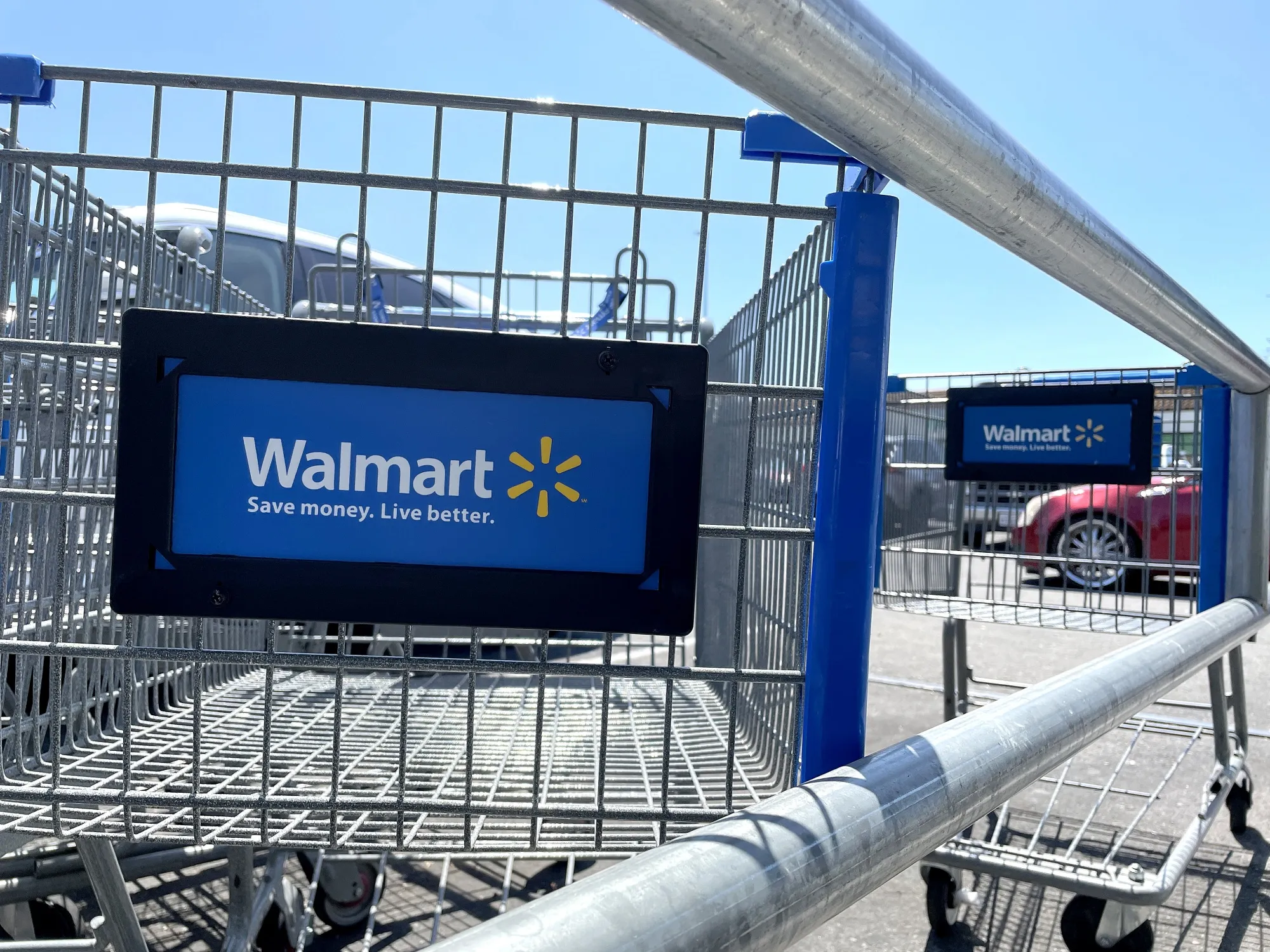 Shopping carts sit at a Walmart store in Rohnert Park, California.