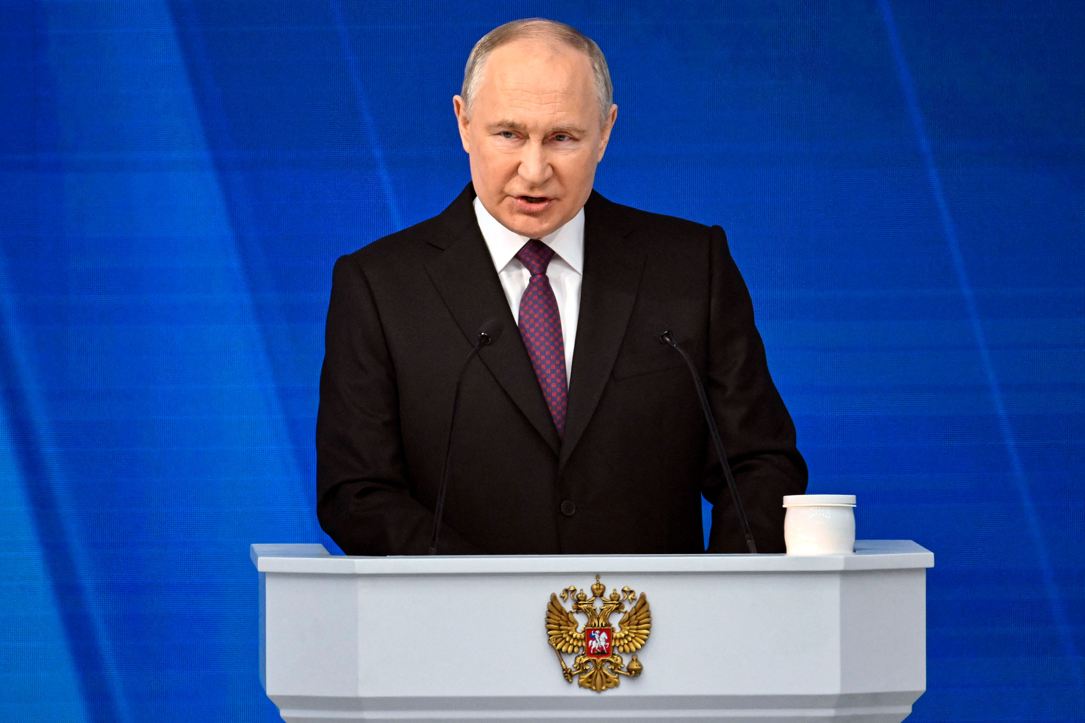 Vladimir Putin delivers an address in Moscow on Feb. 29.