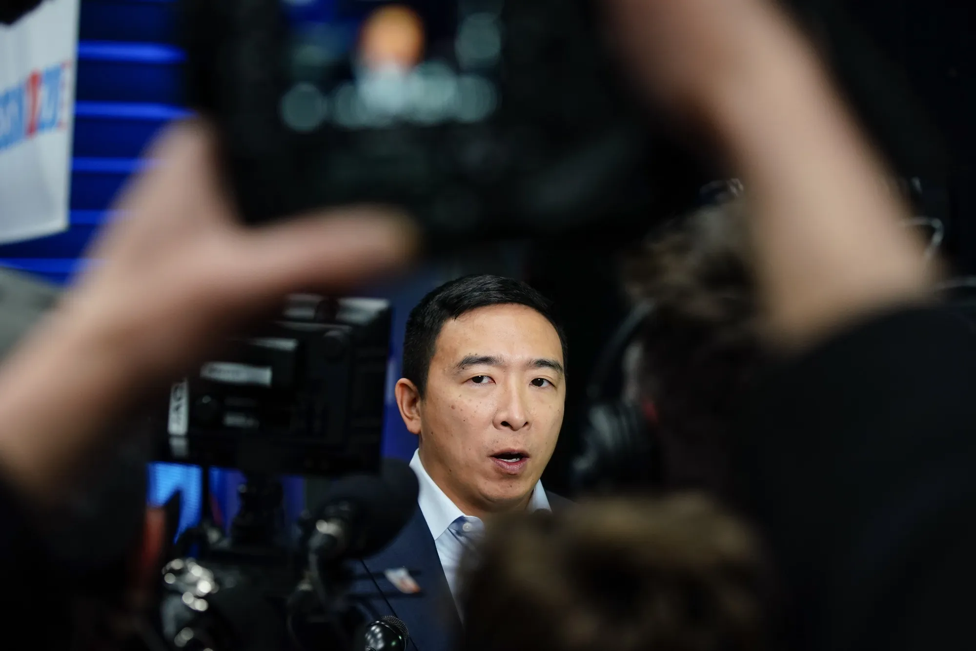 Andrew Yang&nbsp;speaks with members of the media following the Democratic presidential debate in Atlanta, Georgia,&nbsp;on Nov. 20.
